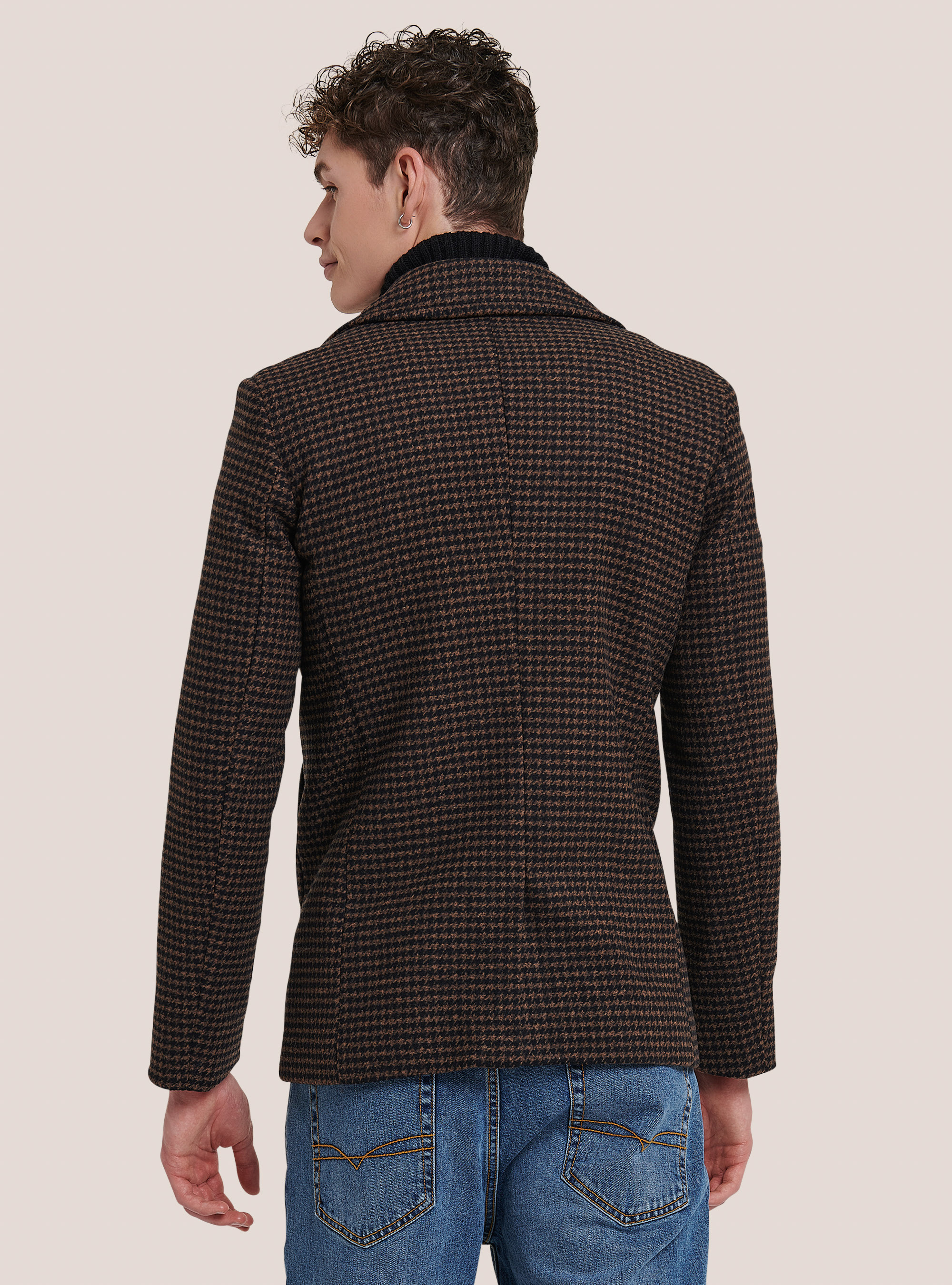 Houndstooth wool blend coat, BROWN