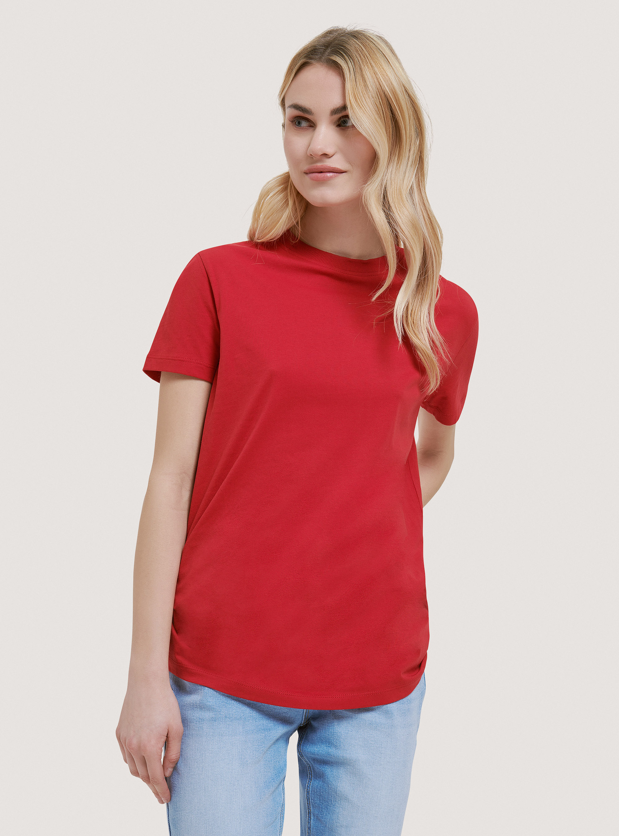 Camiseta b&aacute;sica de algod&oacute;n con cuello redondo, ROJO
