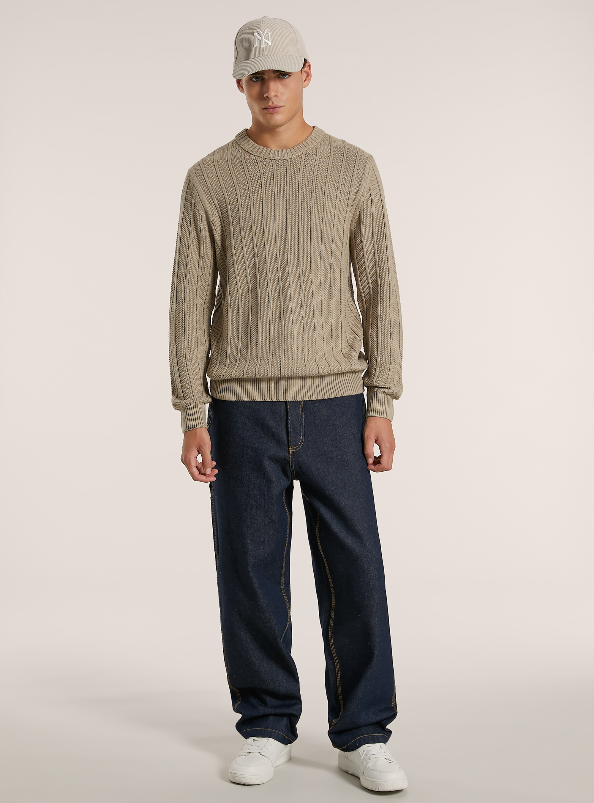 Jersey con textura y corte recto, BG2 BEIGE MEDIUM