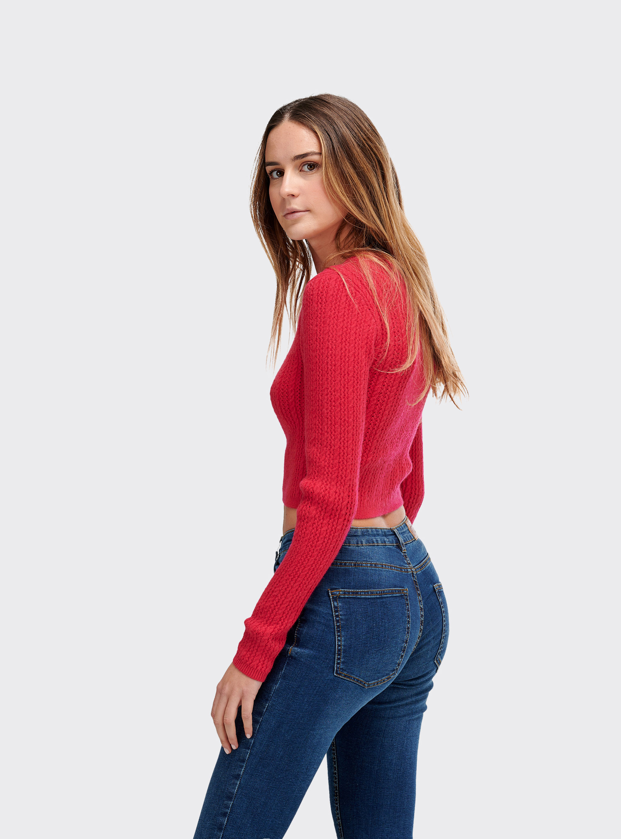 Pullover cropped con lavorazione a trecce piccole e stretch fit, FUXIA
