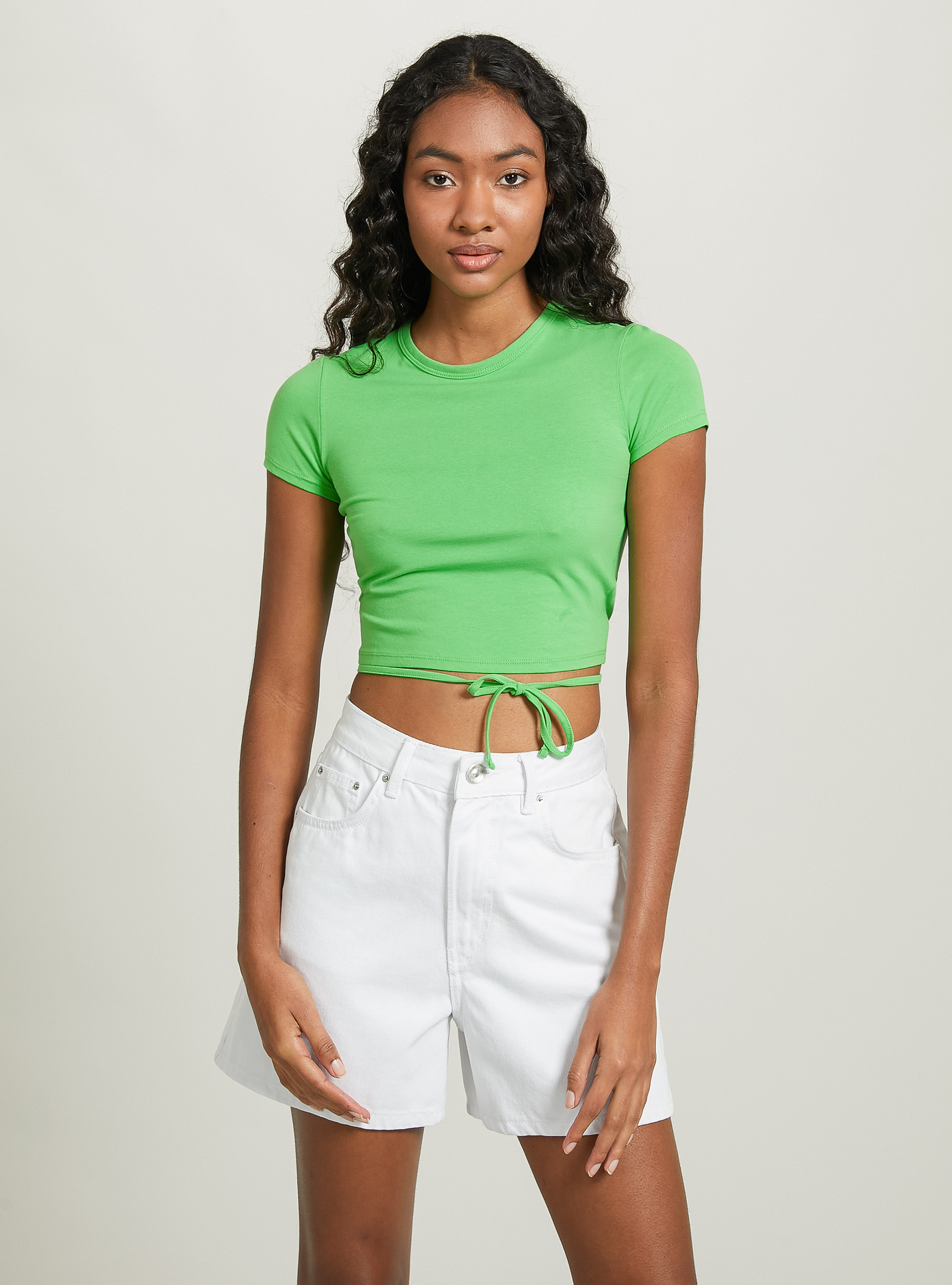 Cropped lace up t-shirt, GN2 GREEN MEDIUM