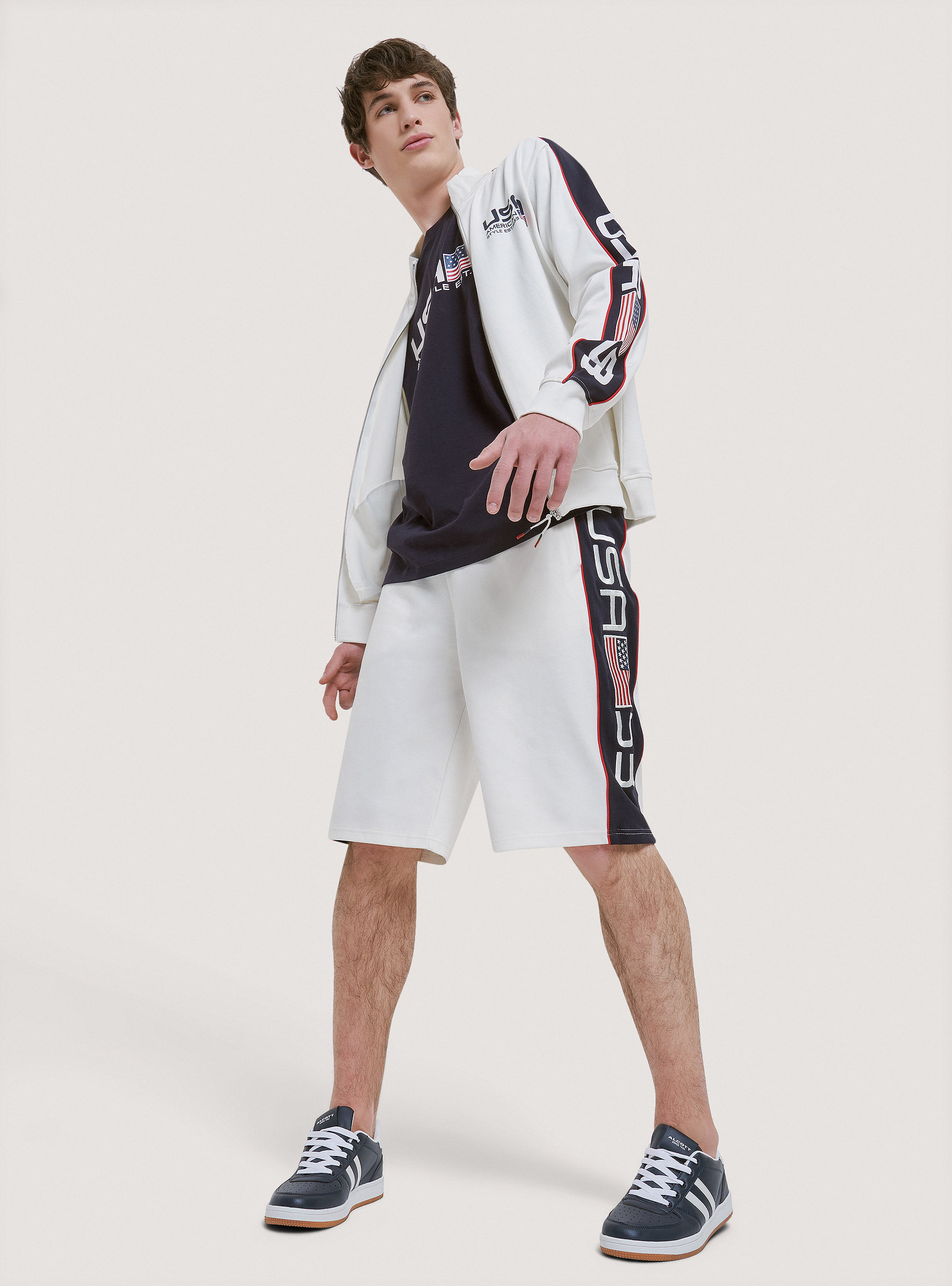 Sudadera con cremallera y estampado de algodón USA, C0020 OFF WHITE