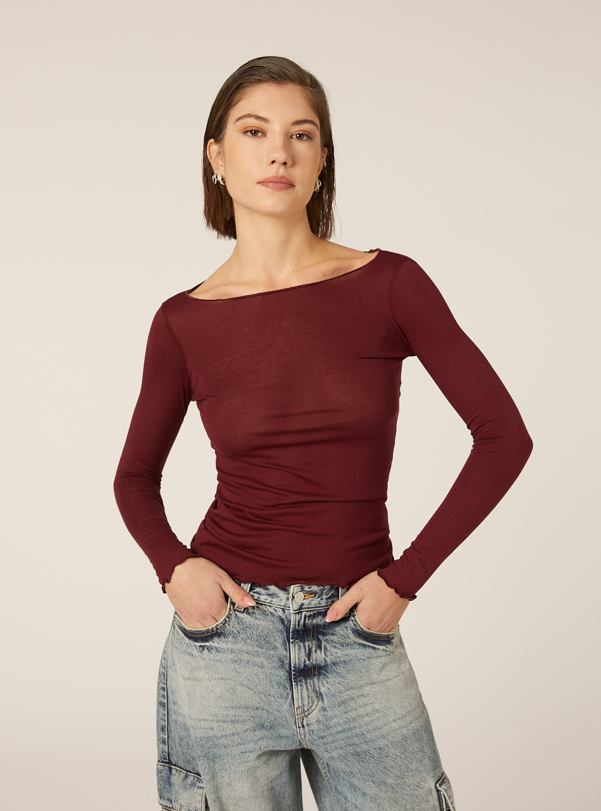 Camiseta de manga larga en mezcla de lana, BO2 BORDEAUX MEDIUM