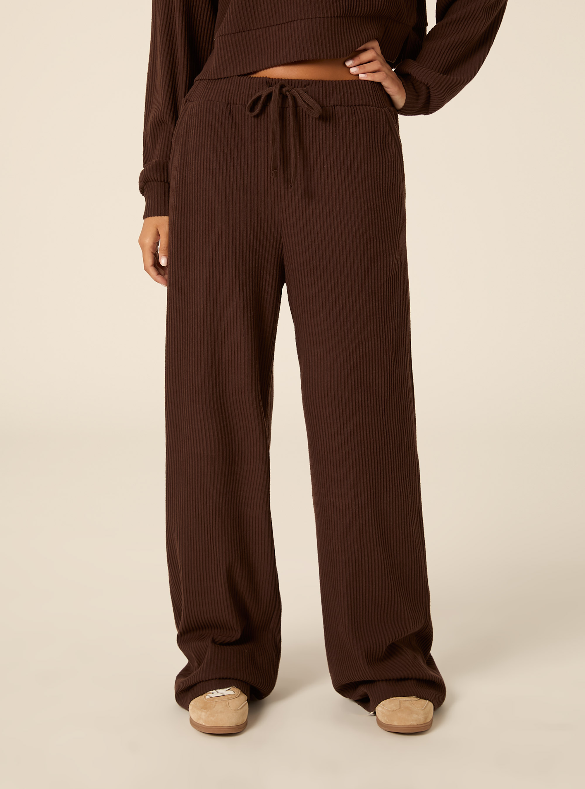 Jogger wide leg a coste, BR1 BROWN DARK
