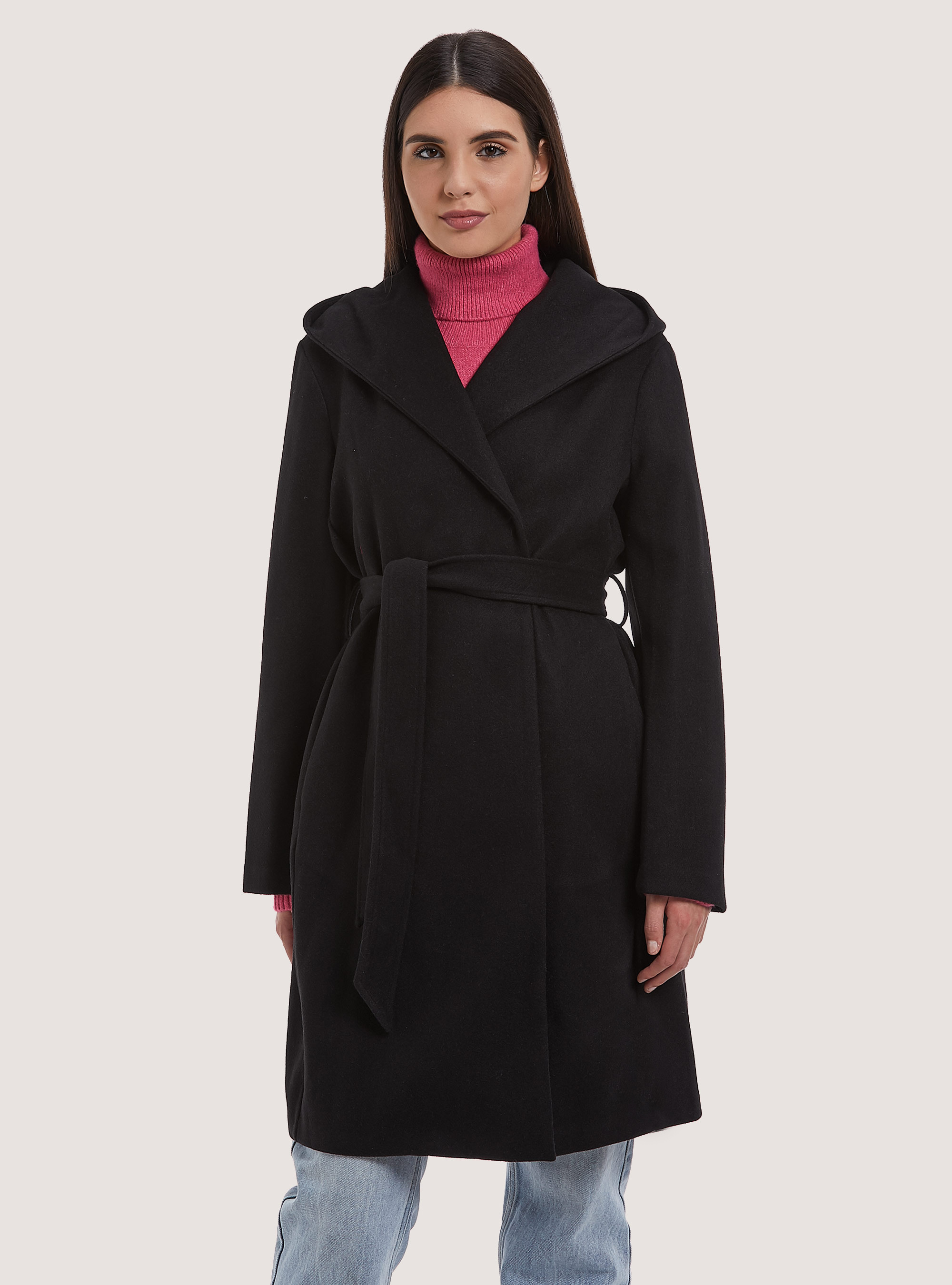 Cappotto con cappuccio e cintura, BK1 BLACK