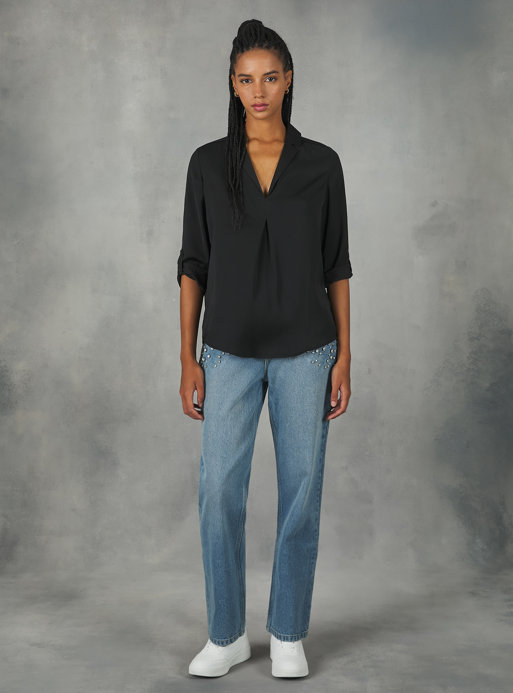Plain-coloured blouse with lapel neckline, BK1 BLACK