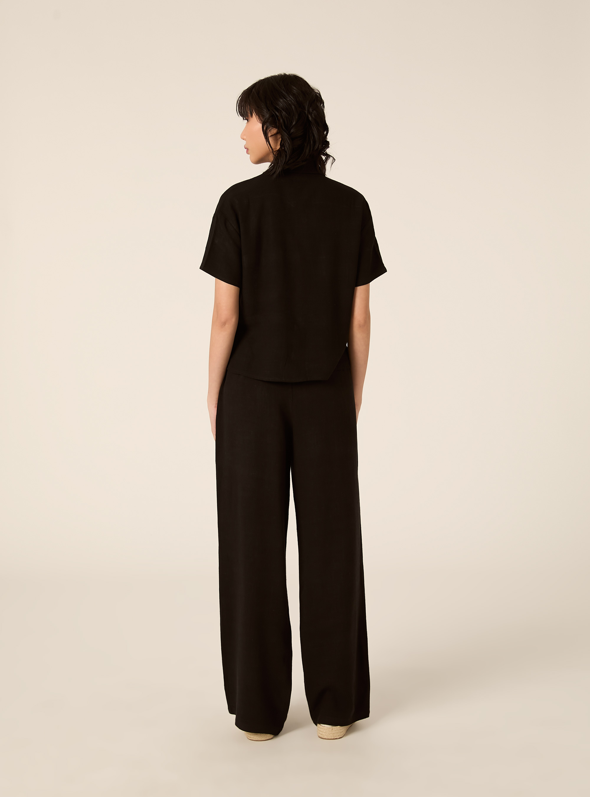 Cropped linen blend shirt, BK1 BLACK