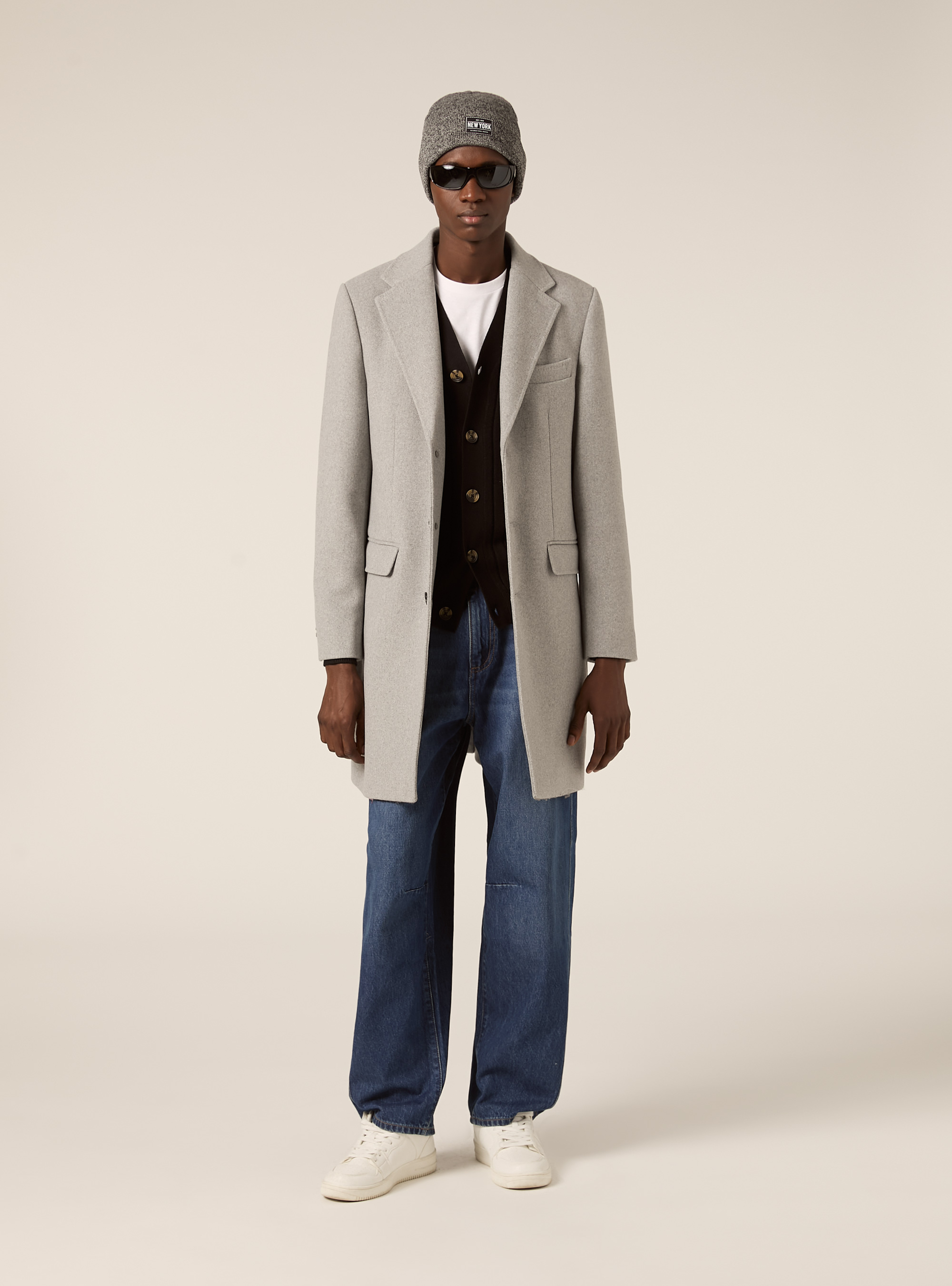 Single-breasted wool blend coat, MGY3 GREY MEL LIGHT