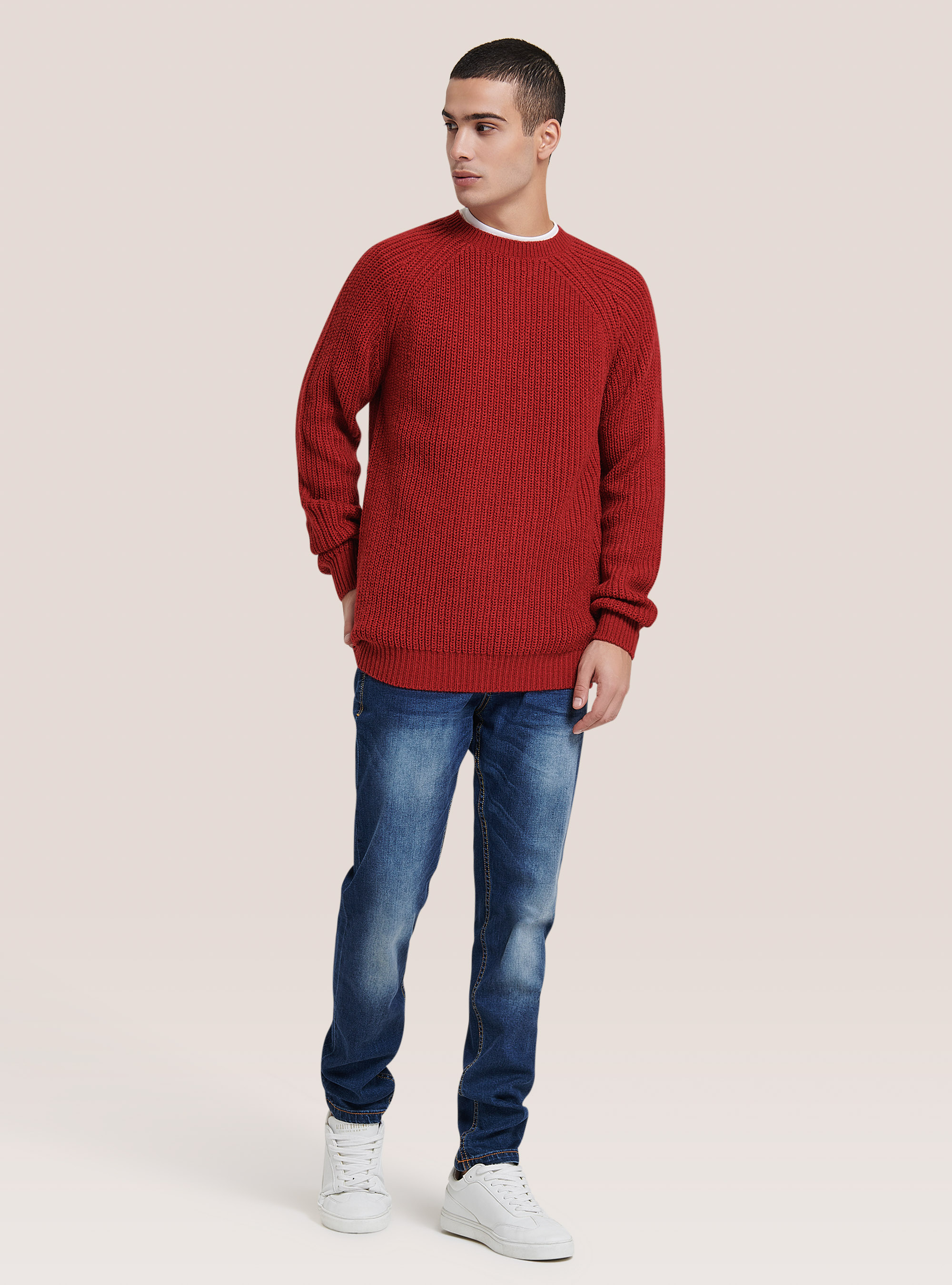 Crew-neck pullover with English ribbing, RED