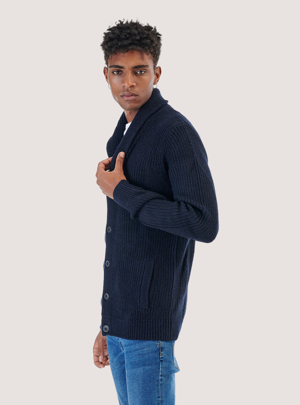 Pullover cardigan costa inglese misto lana, BLU MARINO