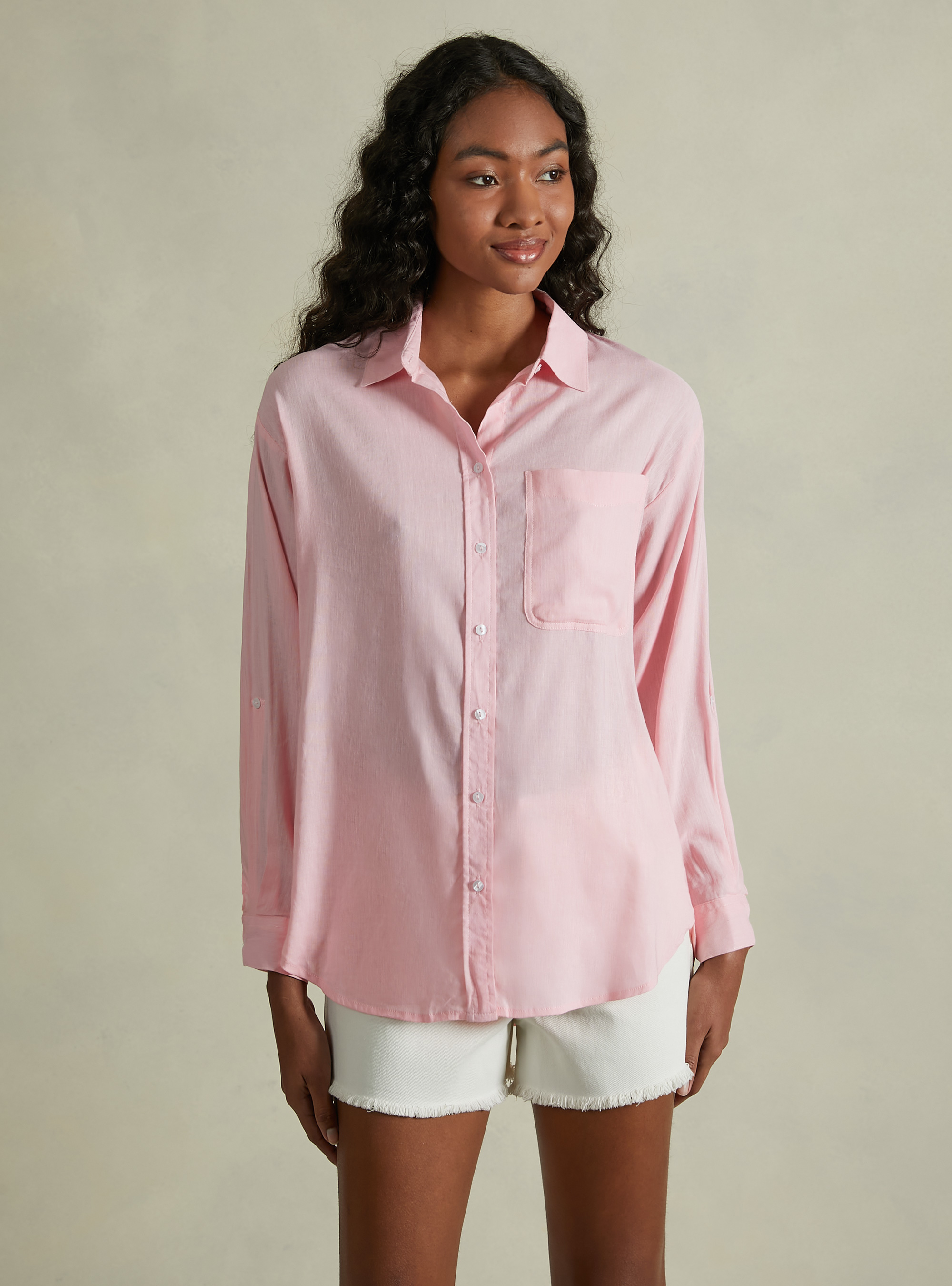 Linen blend shirt with breast pocket, PK3 PINK LIGHT