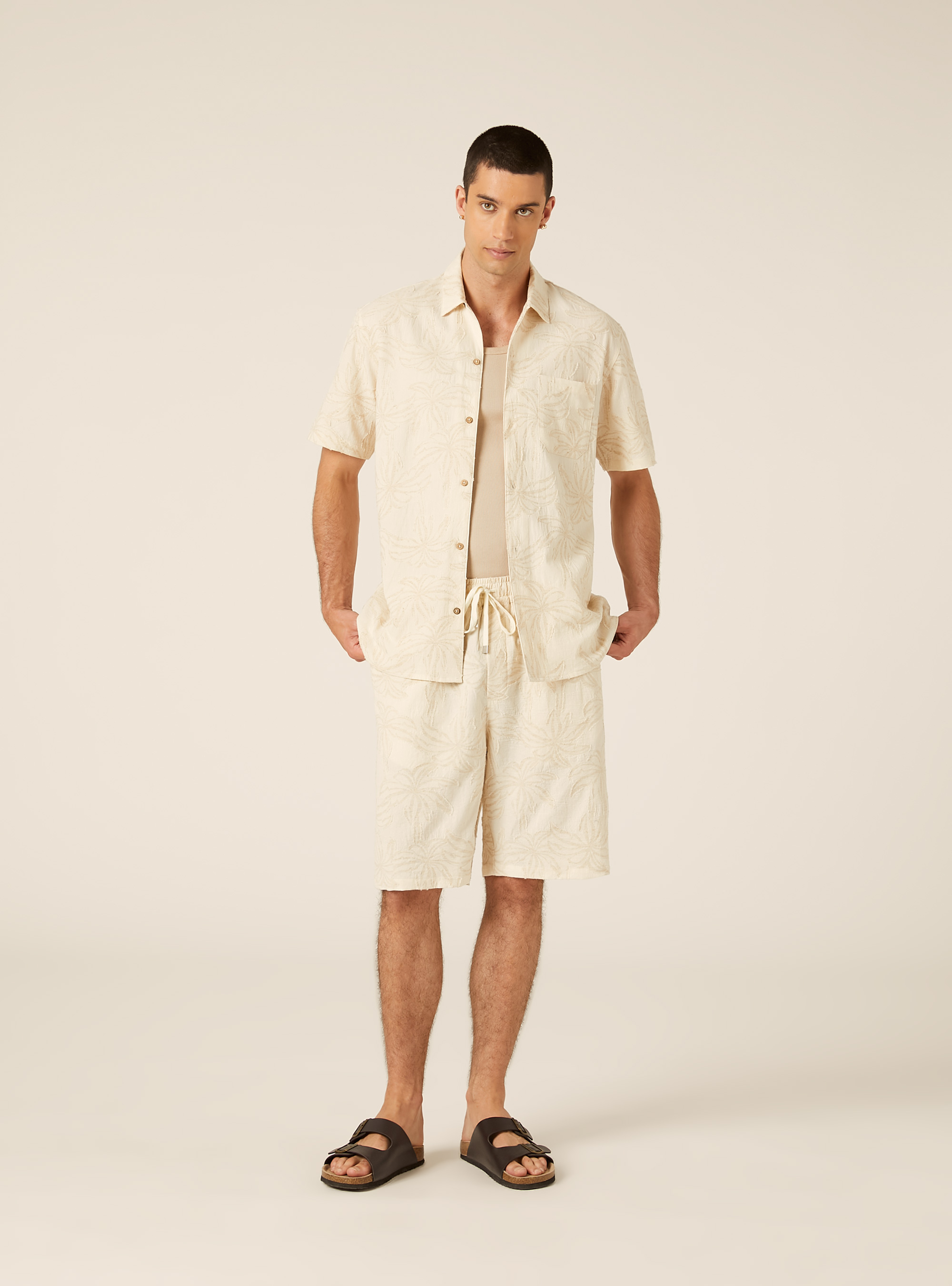 Bermuda in misto lino jaquard con laccio in vita, CREMA CHIARO