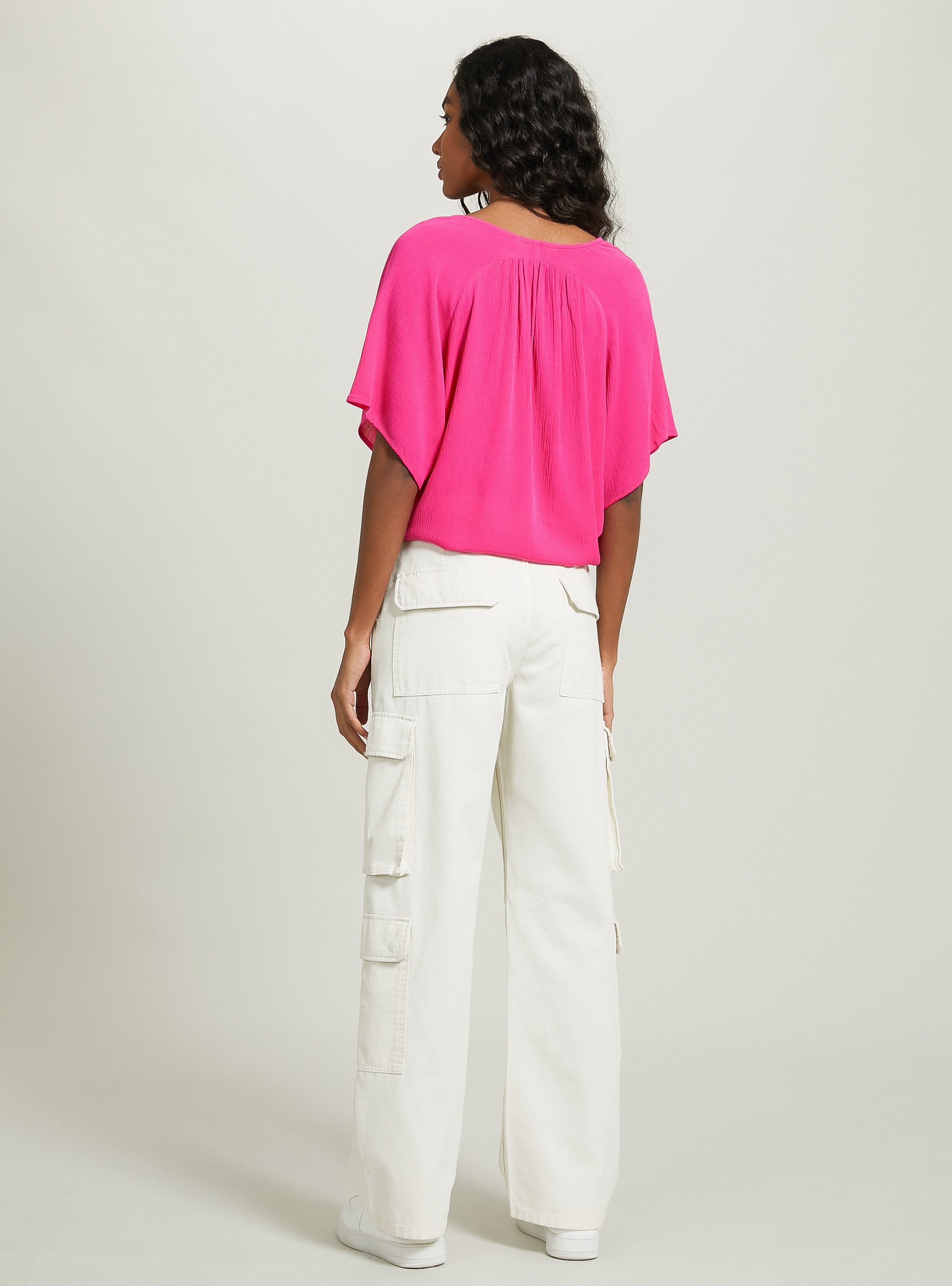 Solid colour v-neck shirt with waist knot, FX2 FUXIA MEDIUM