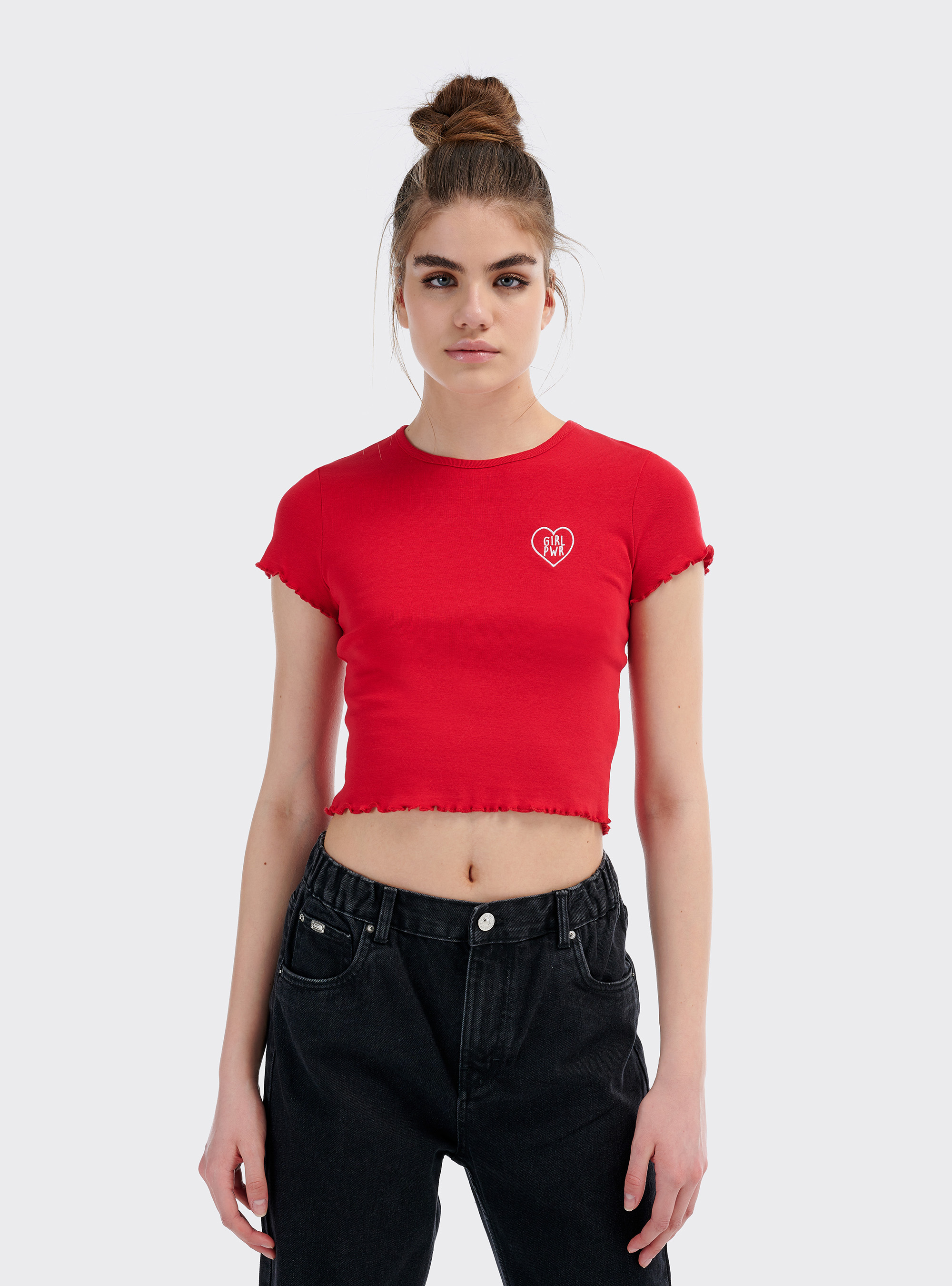 Maglietta cropped con ricamo, RED