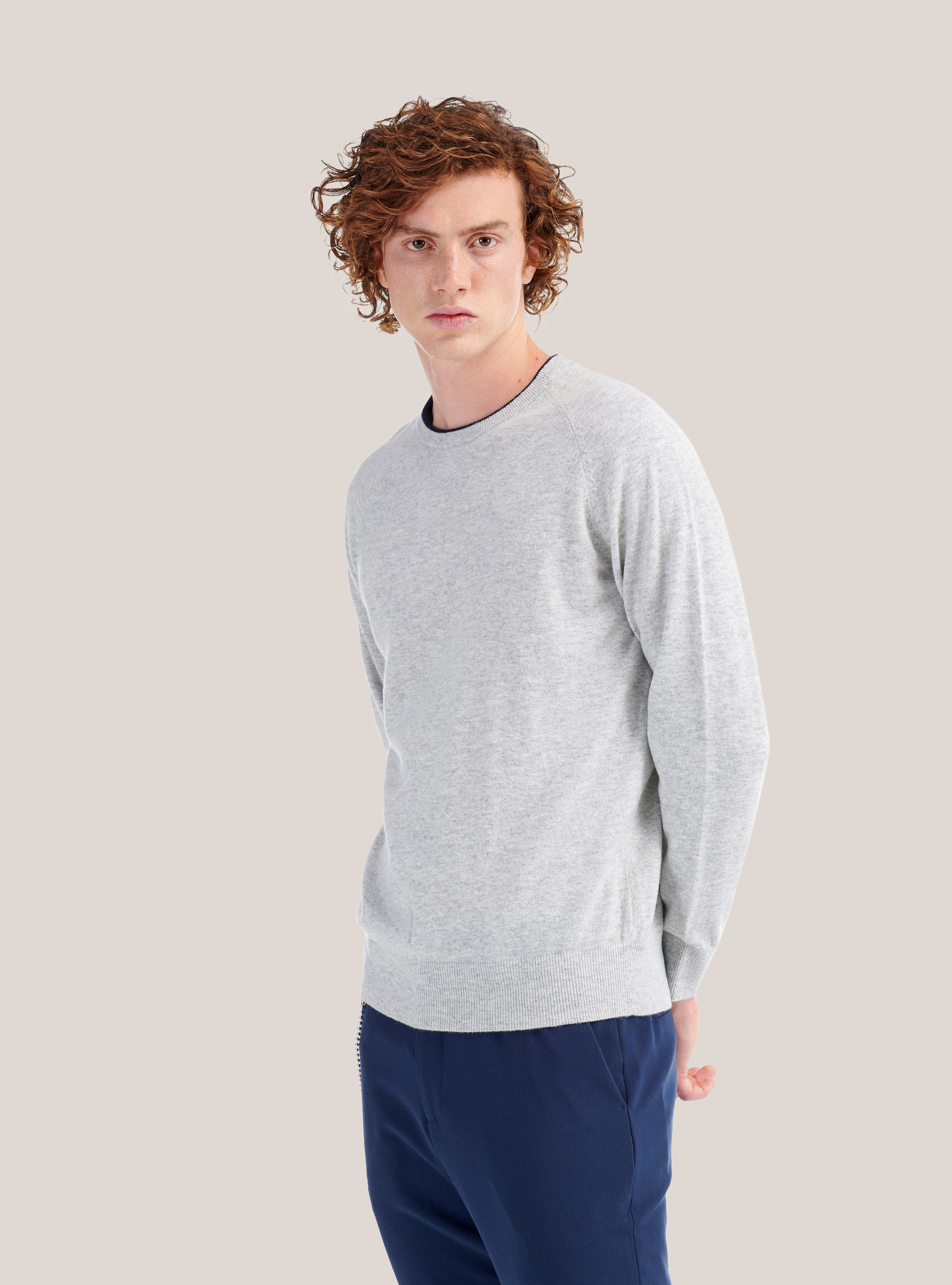 Round neck sweater with contrasting border, GREY MELANGE