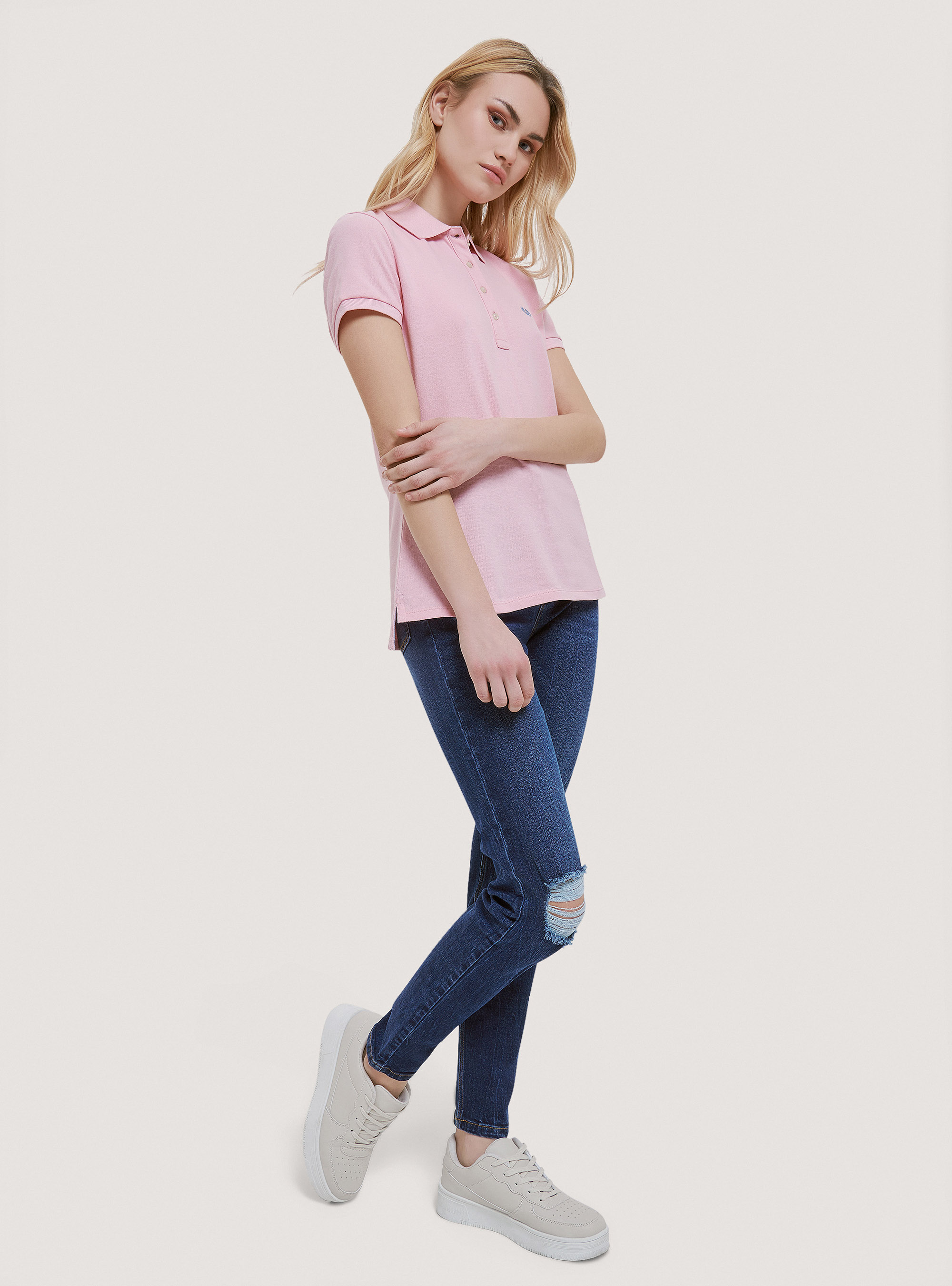 Poloshirt aus Baumwollpikee mit Stickerei, C4400 PINK