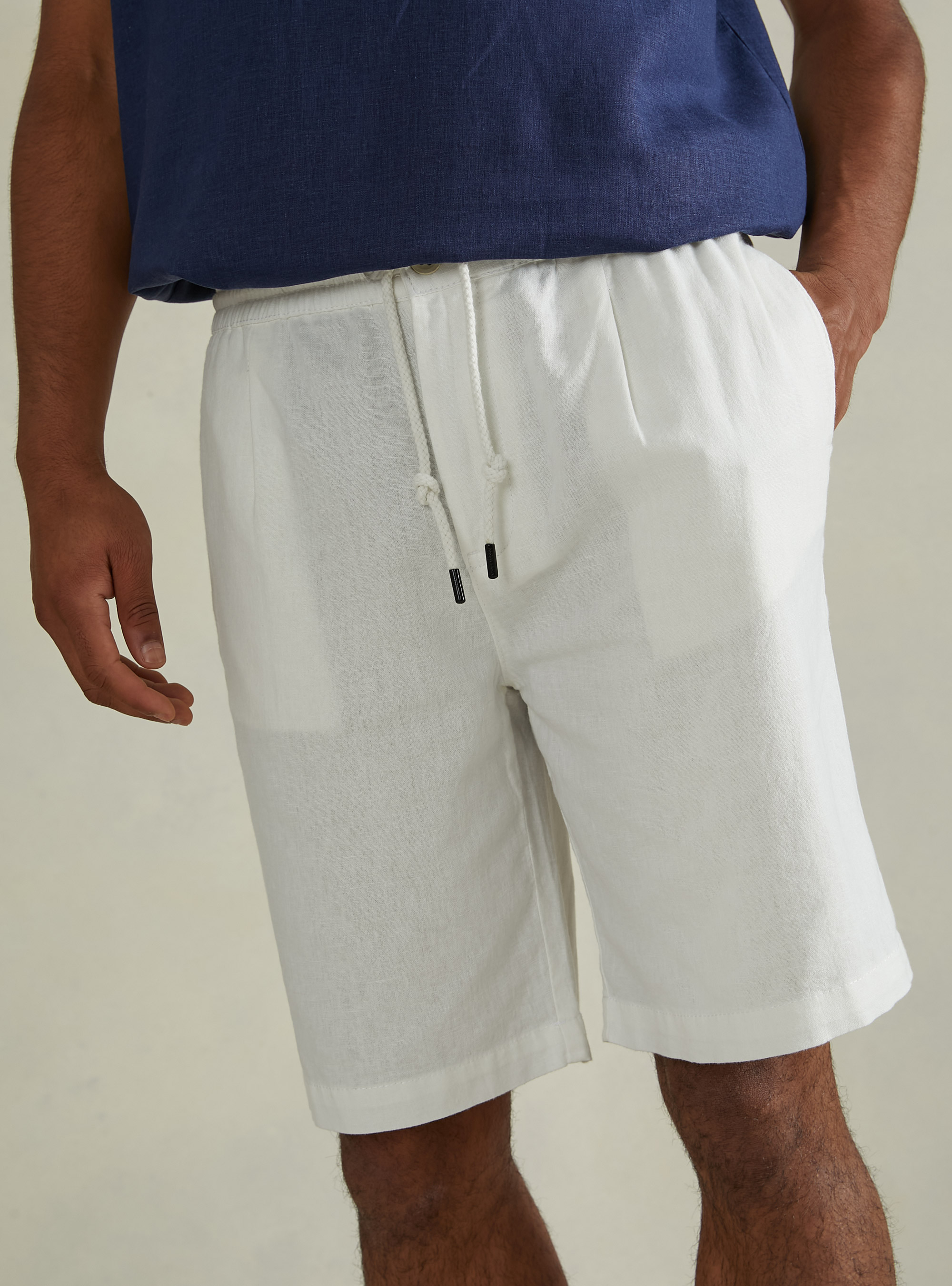 Linen Bermuda Shorts with Drawstring, WH2 WHITE
