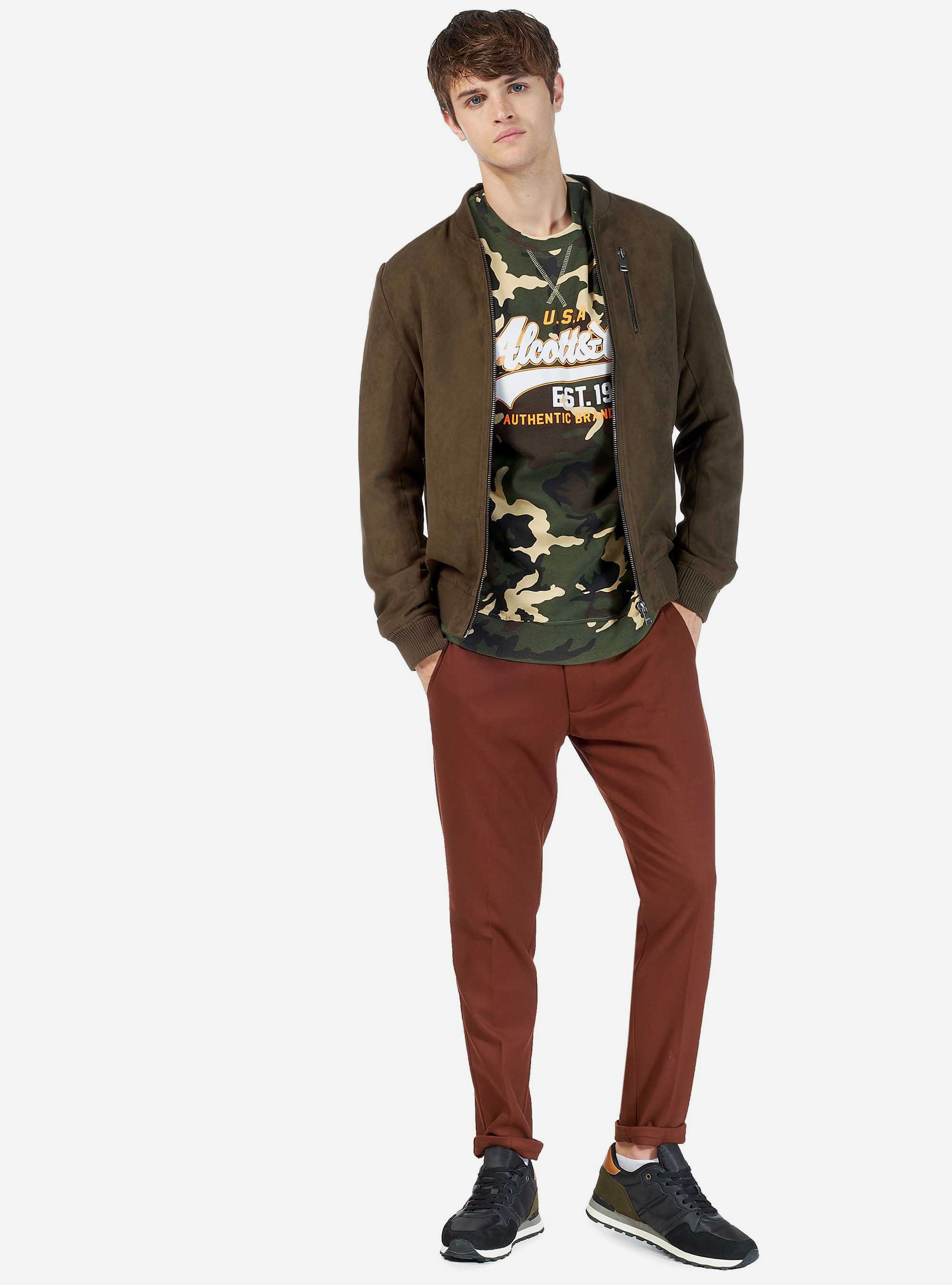 Bomber scamosciato con zip, KAKI