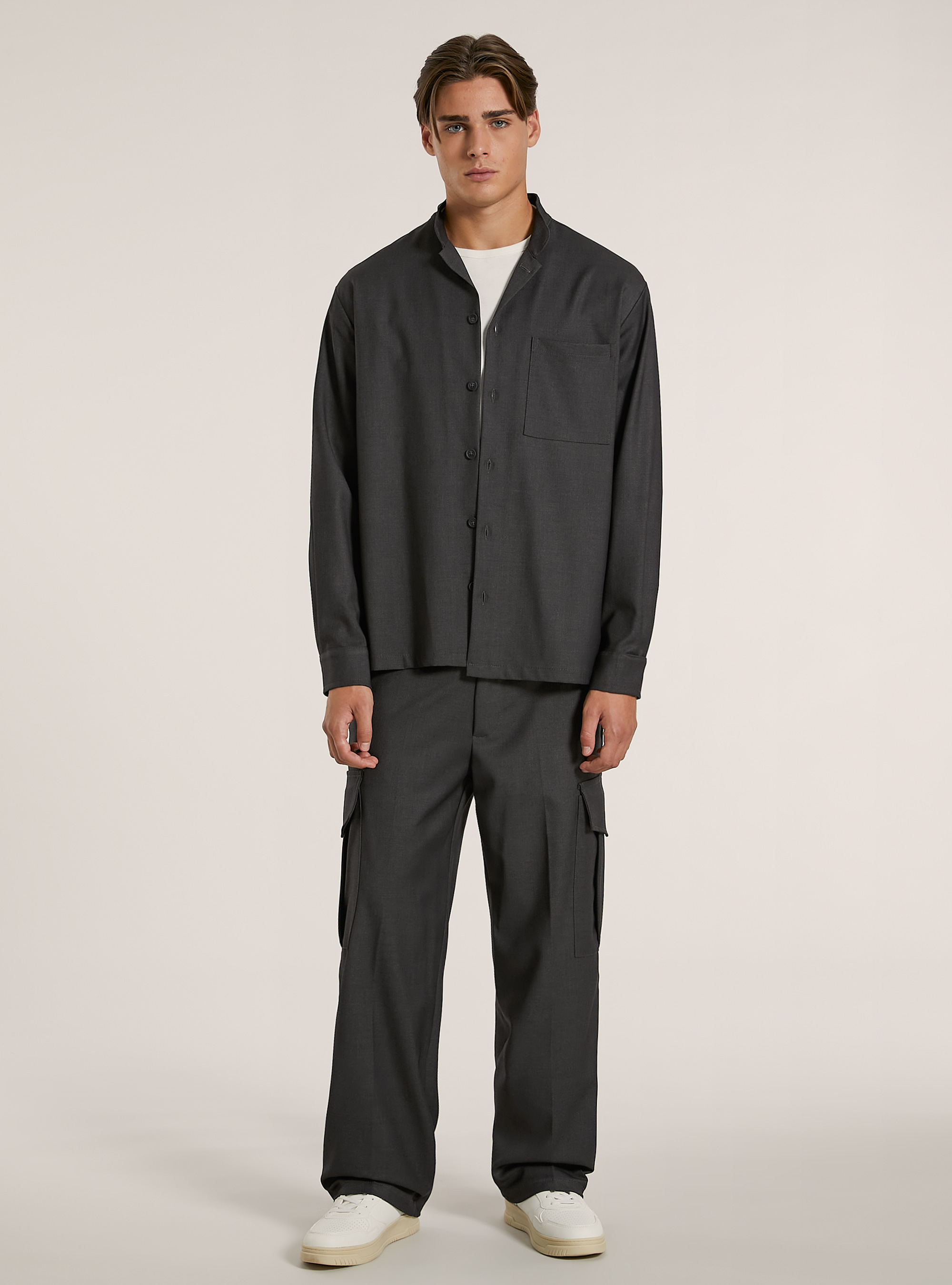 Camicia collo coreano con taschin in misto viscosa, GY1 GREY DARK