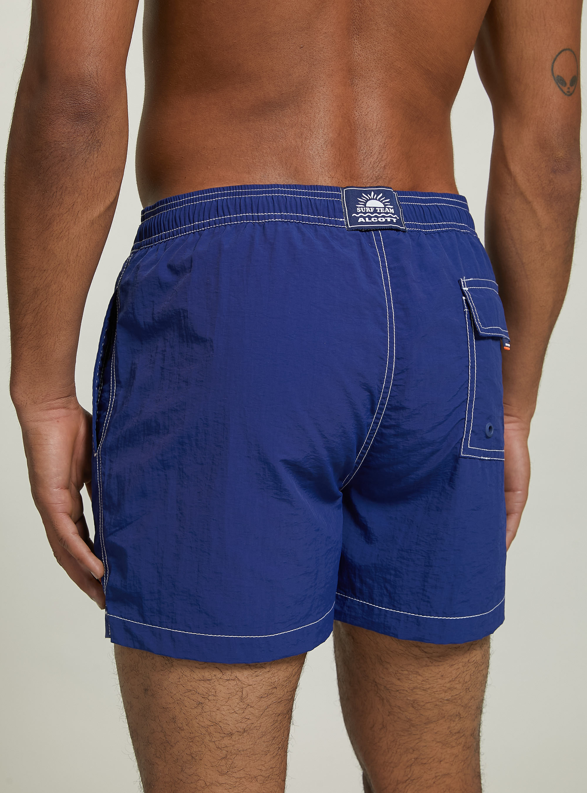 Plain-coloured swimming costume with embroidery and back pocket, BL2 BLUE MEDIUM