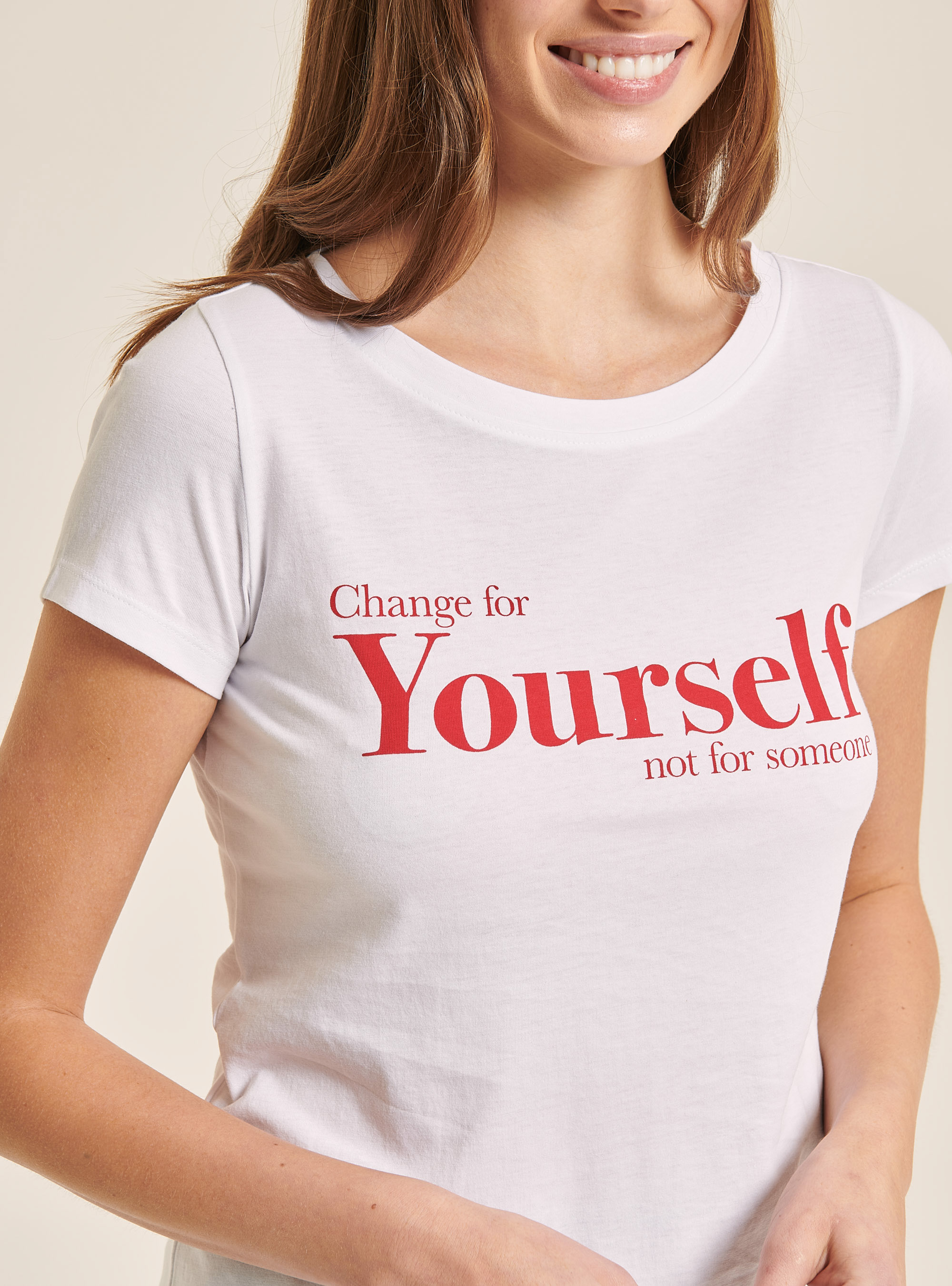 Cotton T-shirt with printed slogan, WHITE