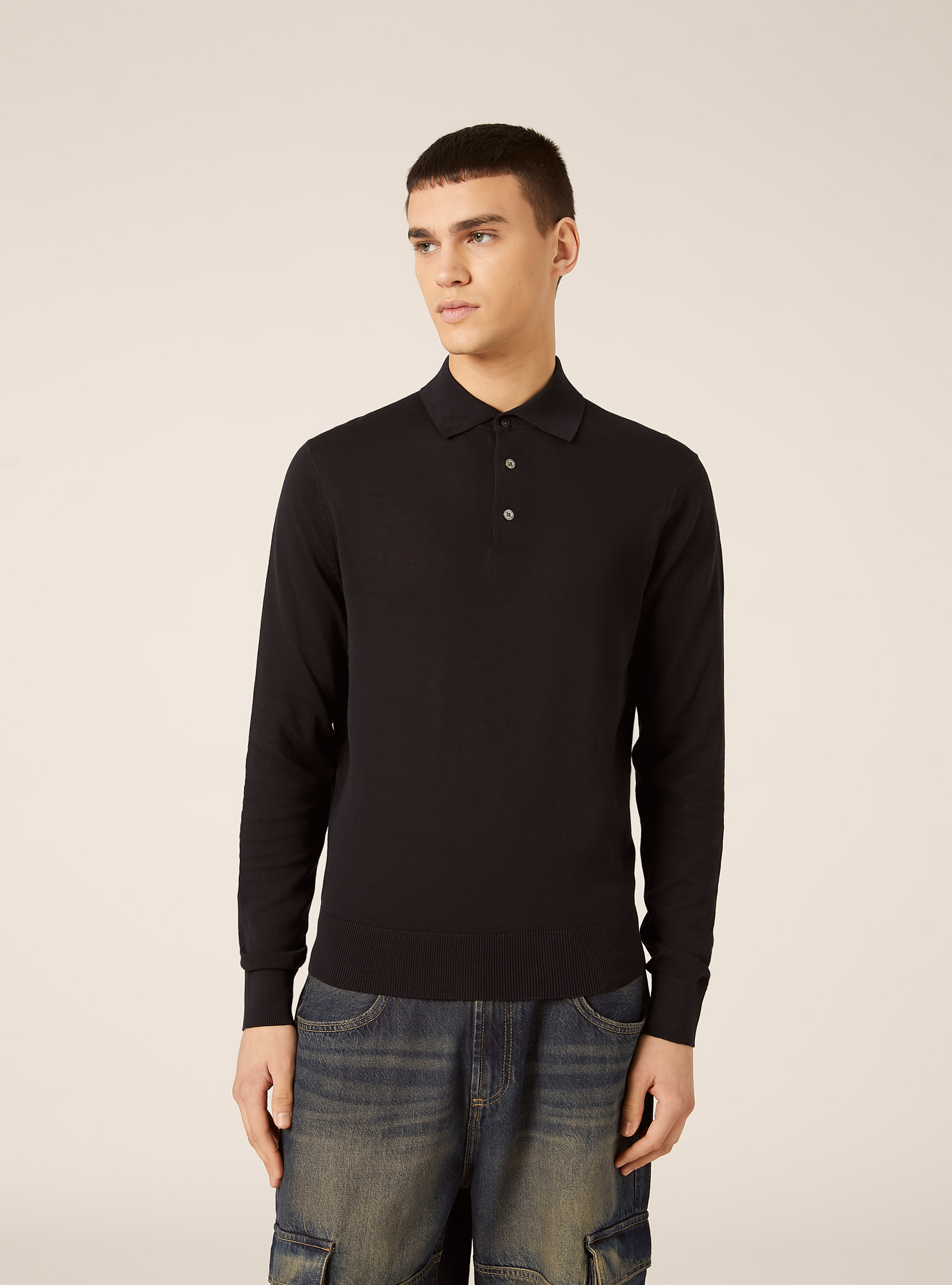 Long-sleeved cotton polo shirt, NA1 NAVY DARK