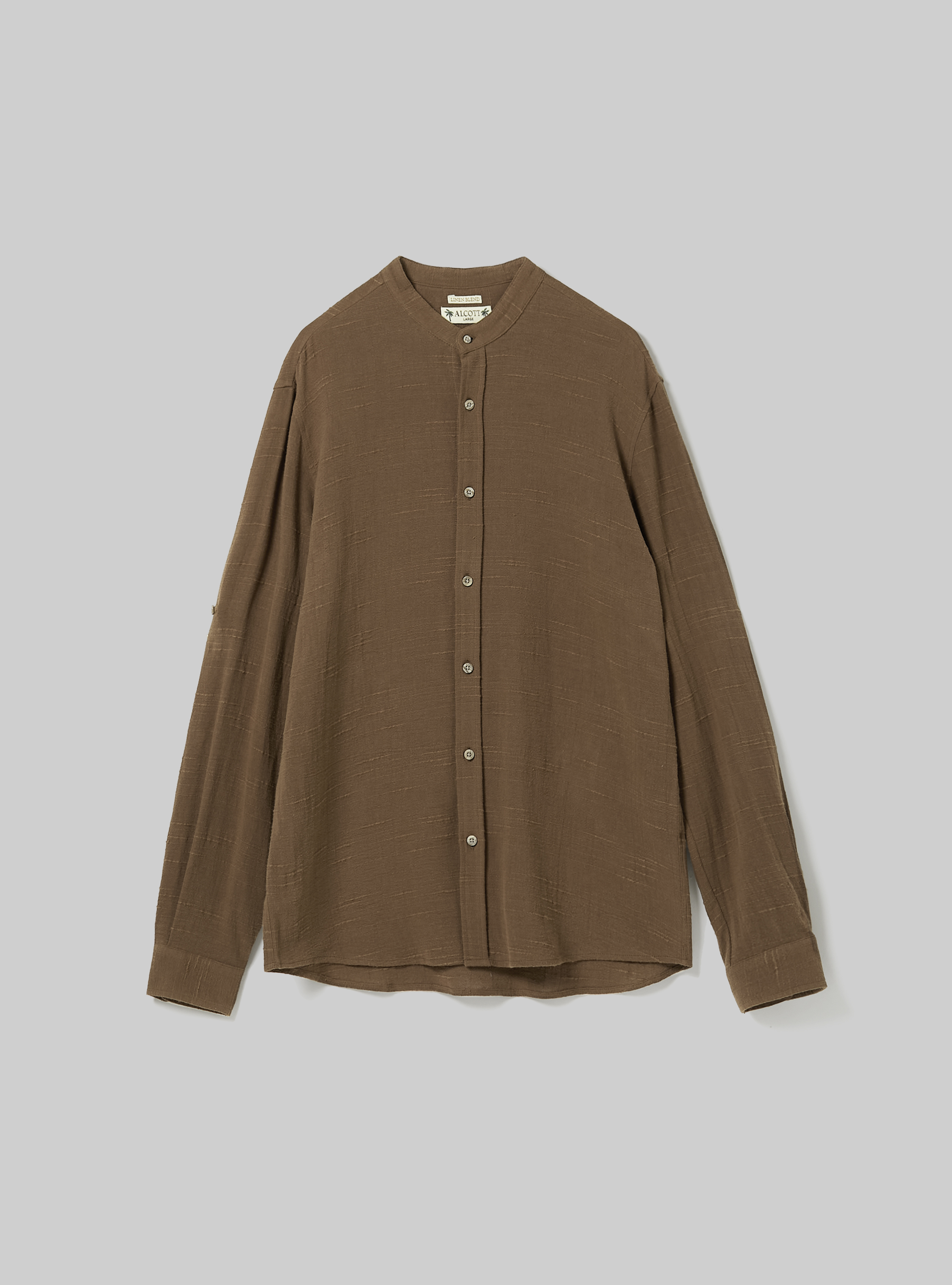 Linen blend shirt with Korean collar, TB1 TOBACCO DARK