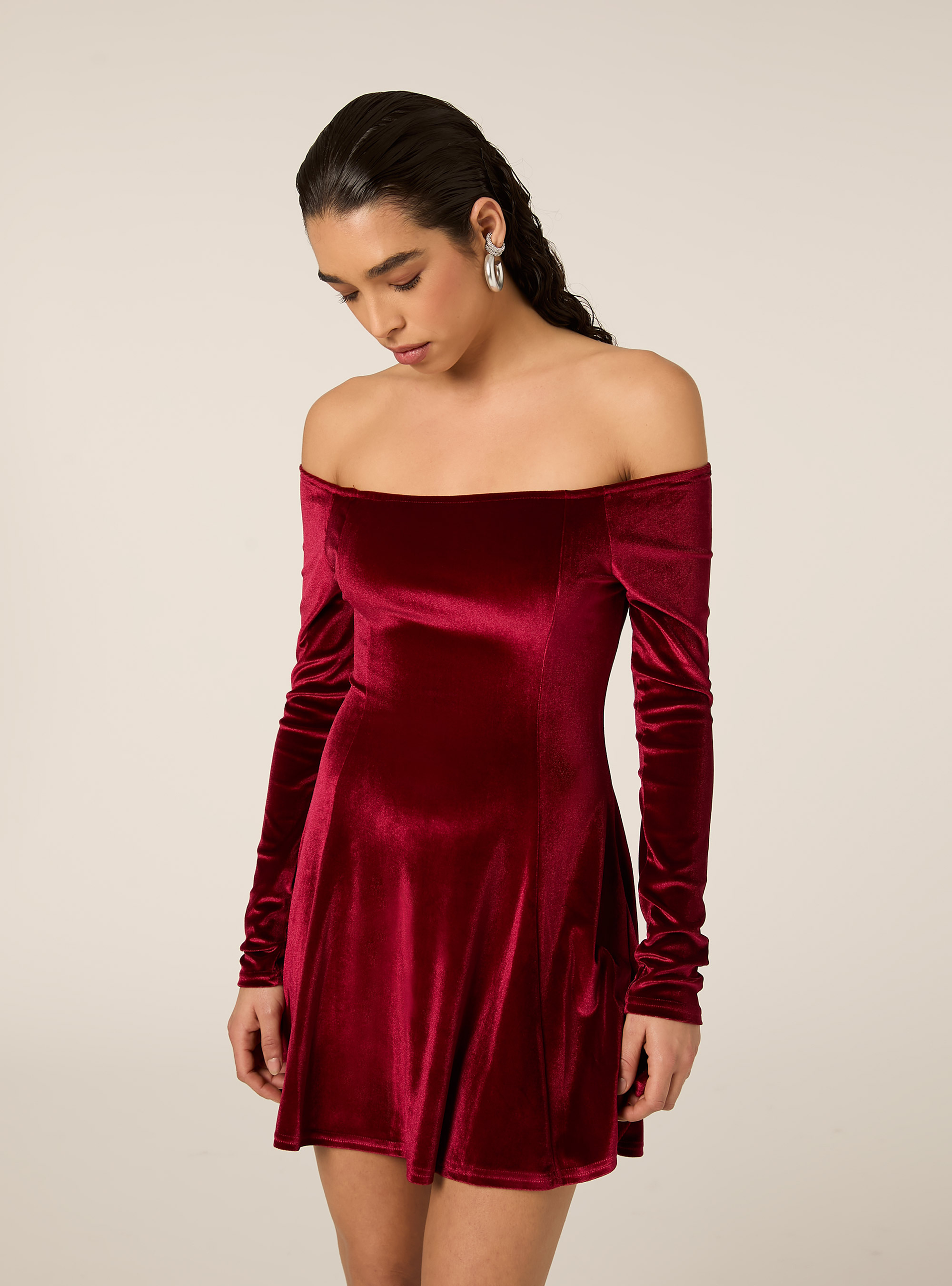 Abito in velluto svasato con spalle scoperte, RD2 RED MEDIUM
