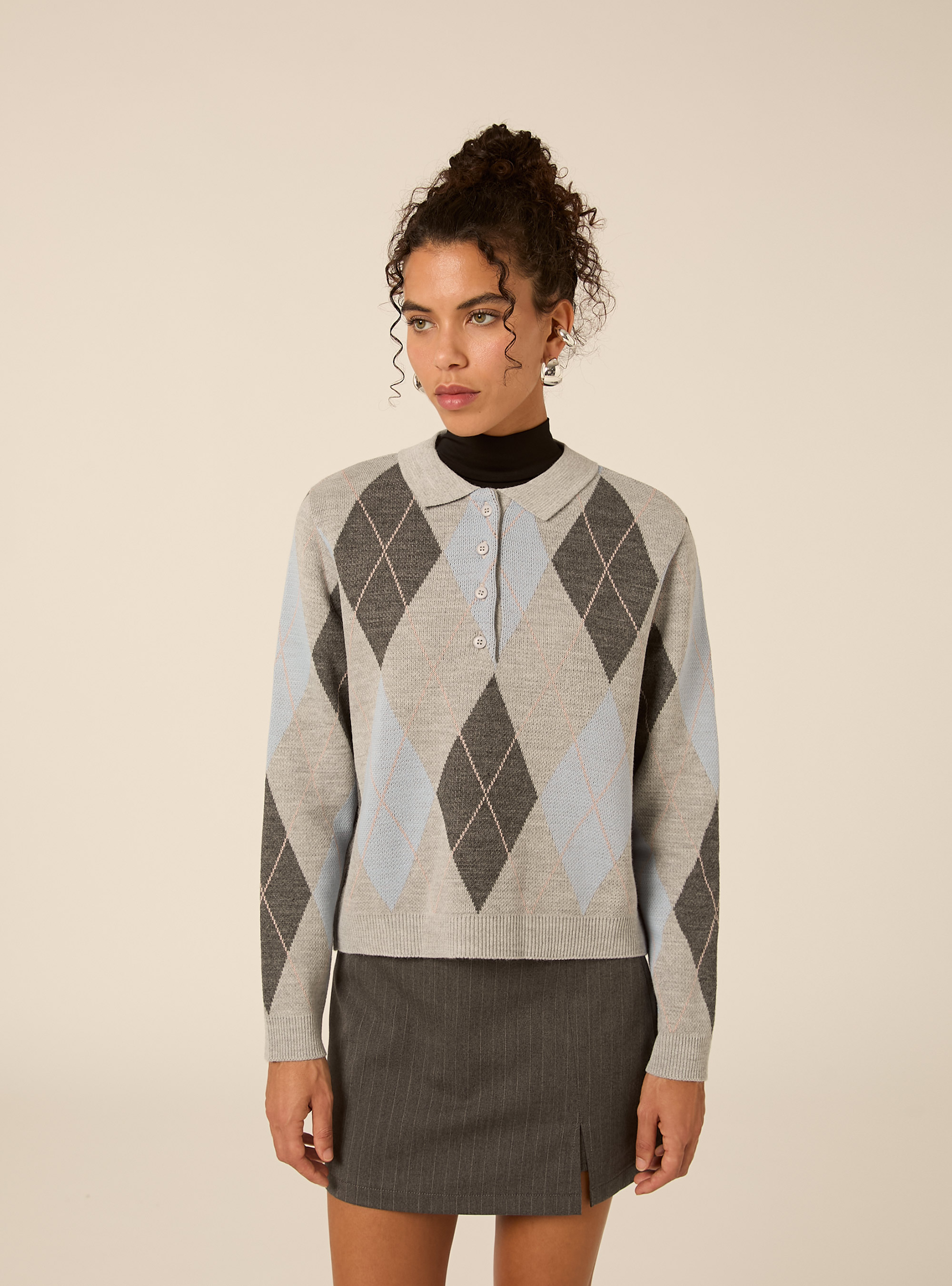 Pullover polo con rombi, MGY3 GREY MEL LIGHT