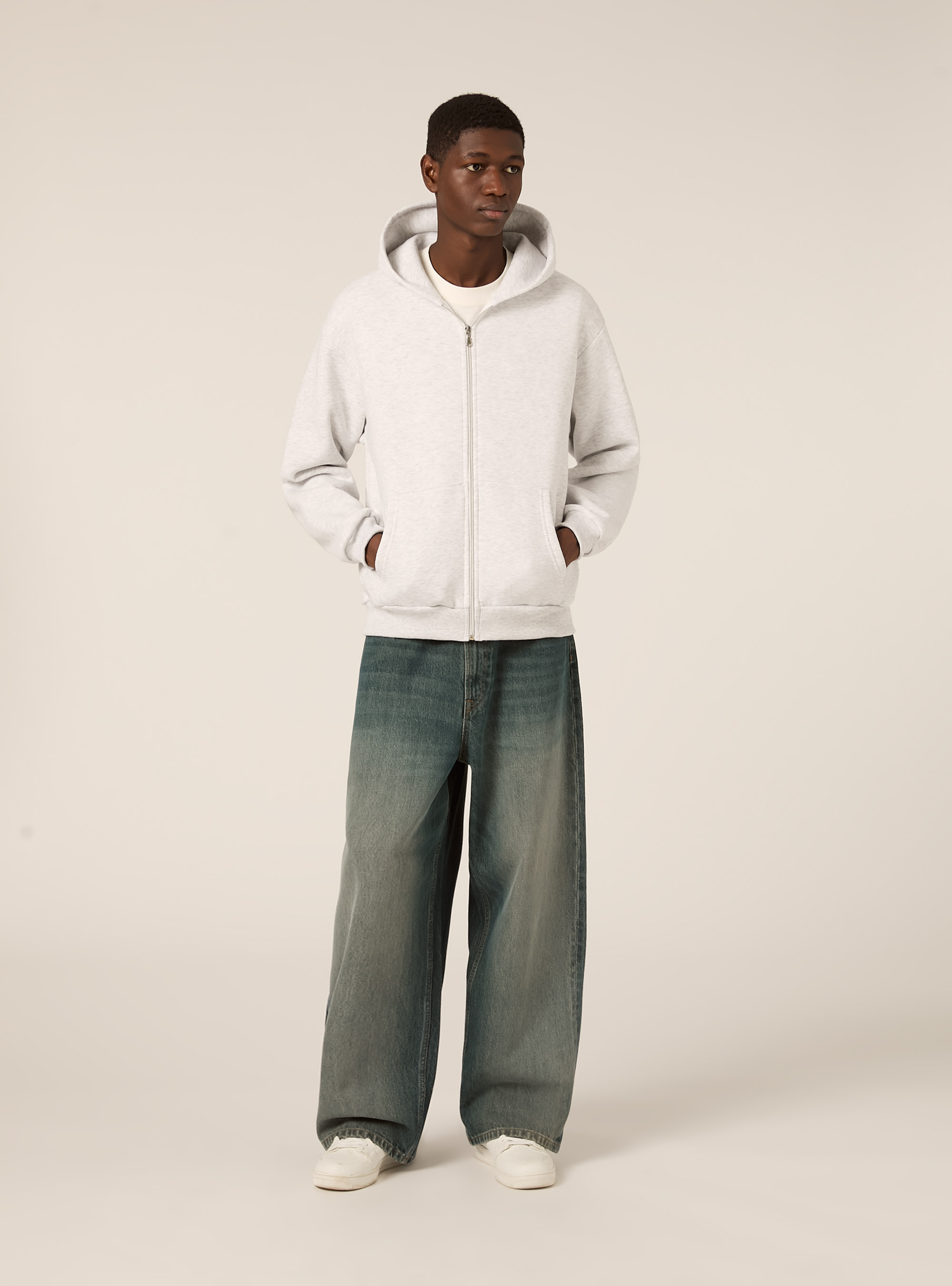 Sweat à capuche zippé coupe boxy, MGY3 GREY MEL LIGHT