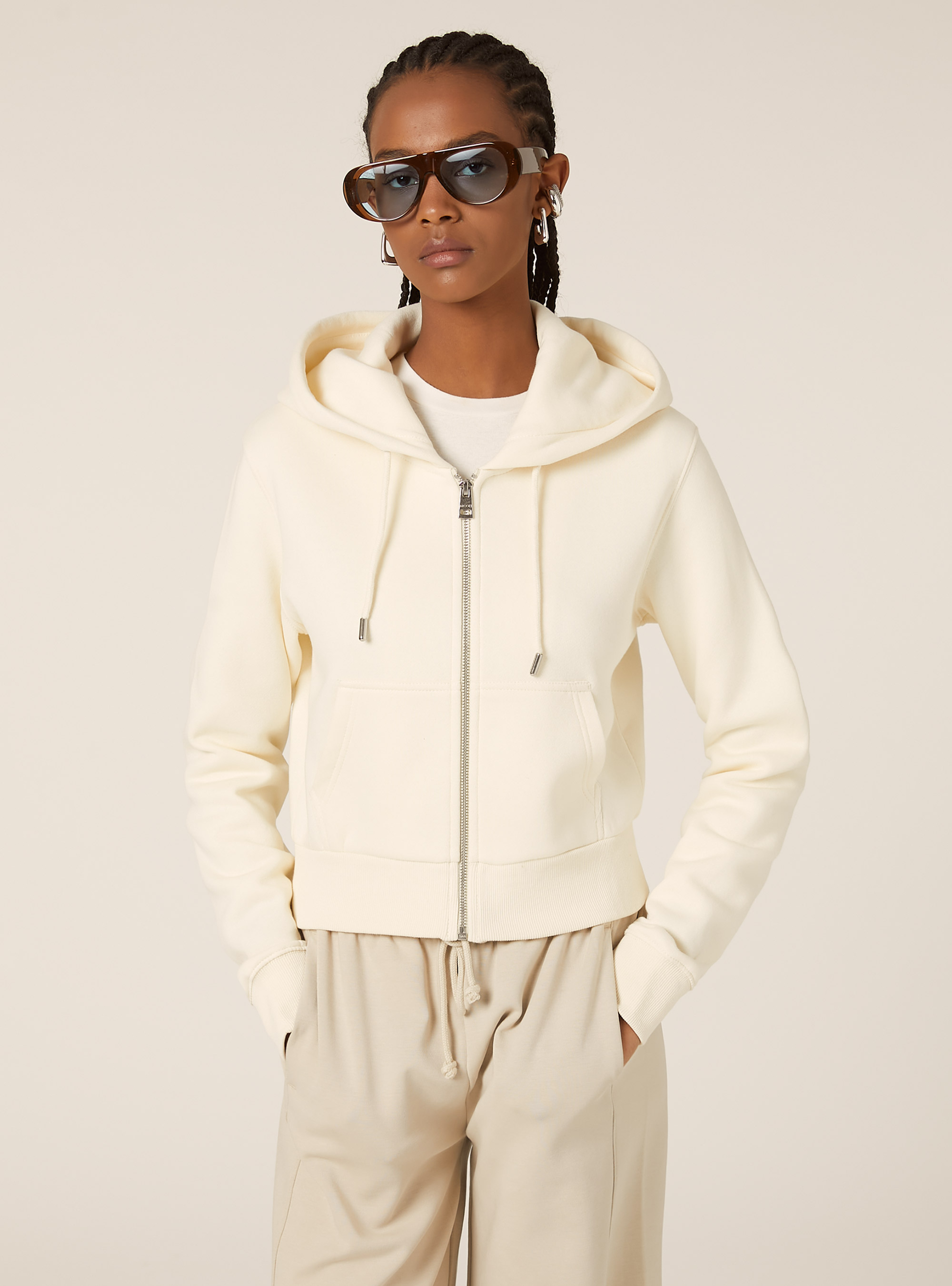 Sweat à capuche zippé court, CR3 CREAM LIGHT