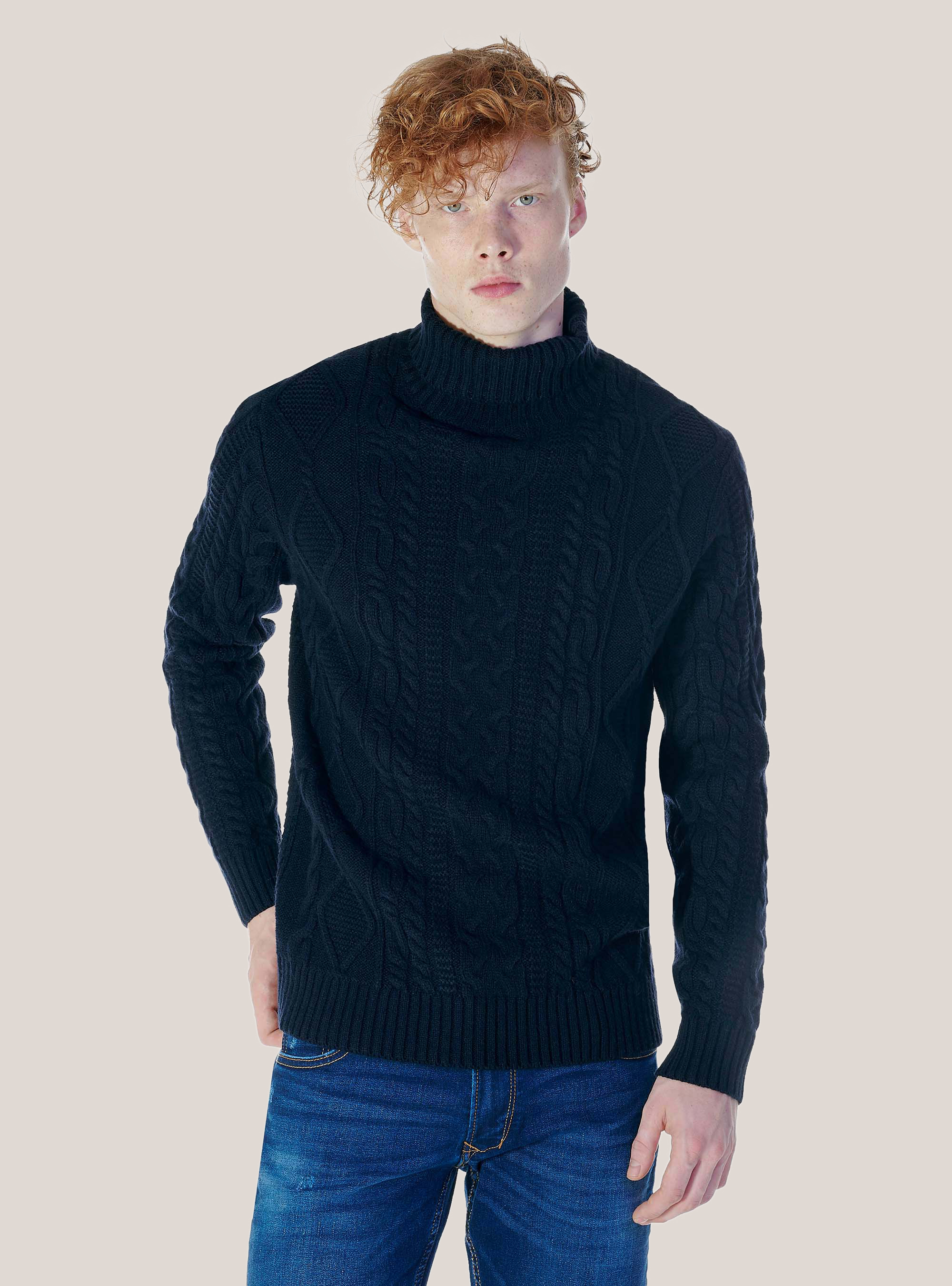 Pullover collo alto con trecce, BLU MARINO