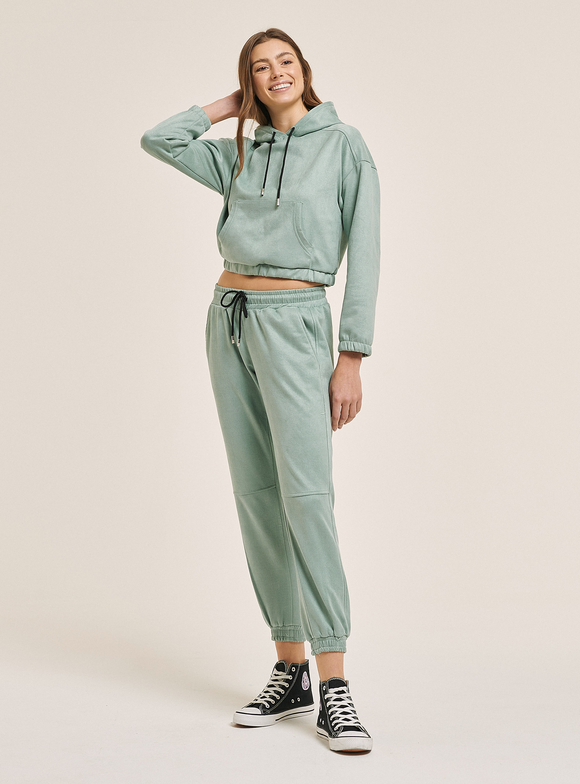 Sweat-shirt crop effet chamoisé, C6656 BERYL GREEN