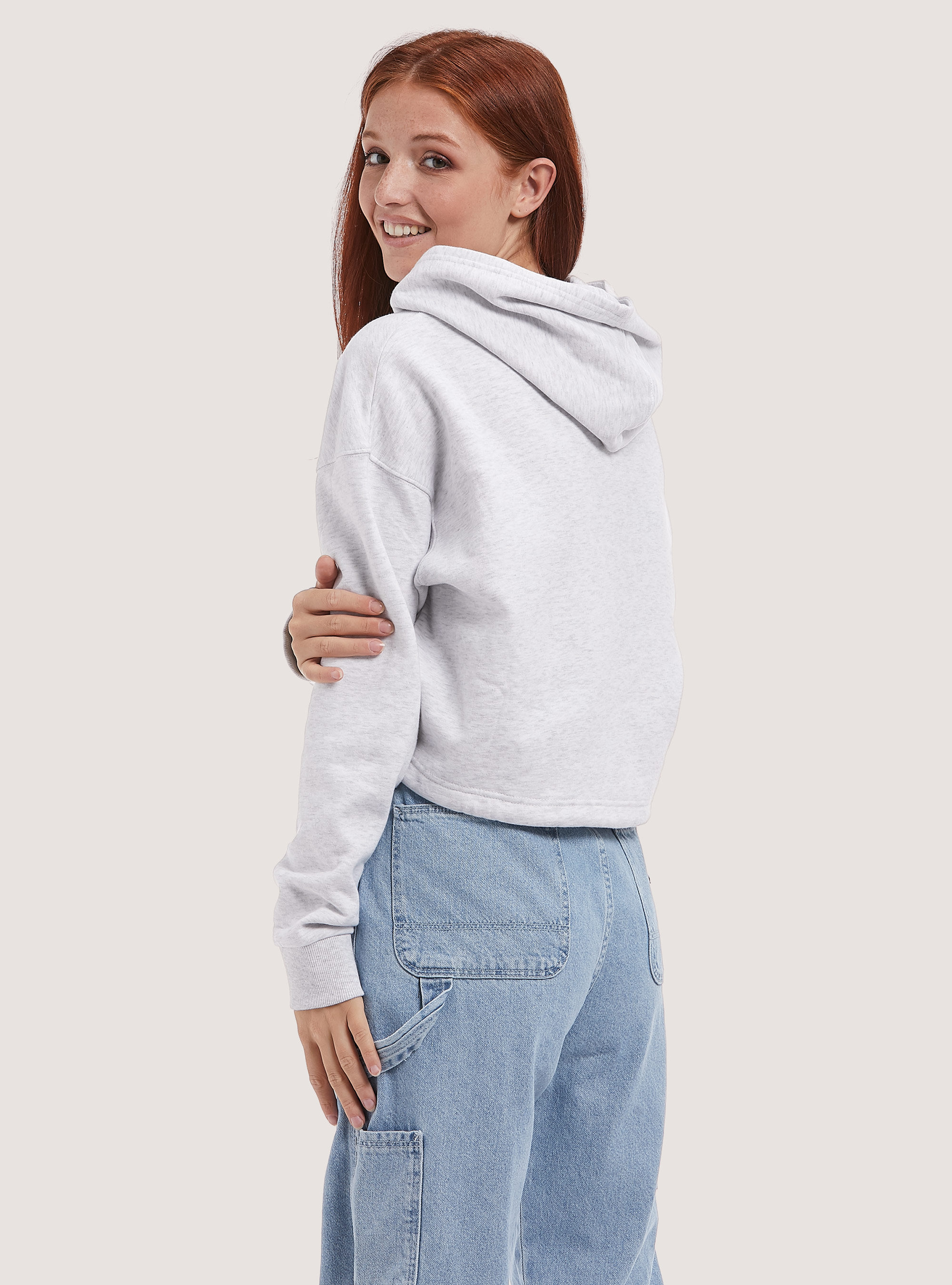 Cropped sweatshirt with print and drawstring at hem, MEL GREY LIGHT