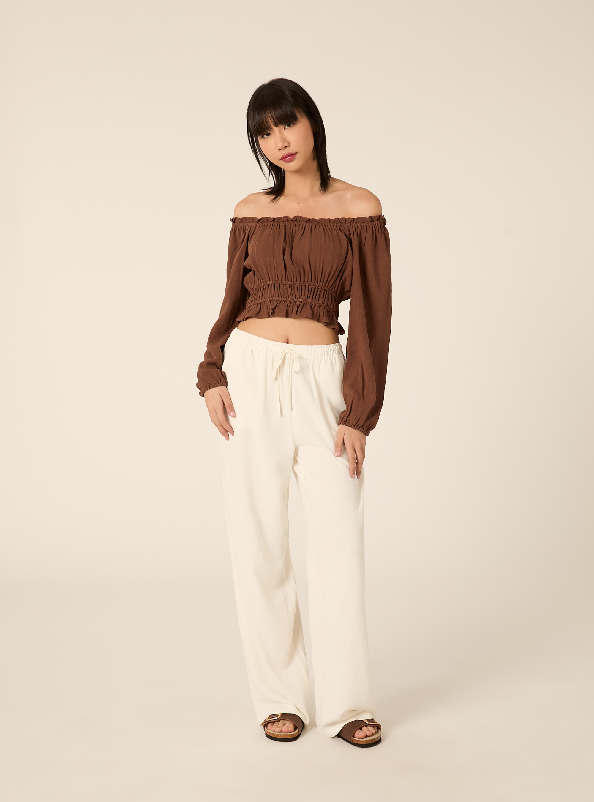 Blusa con spalle scoperte in misto lino, BR2 BROWN MEDIUM