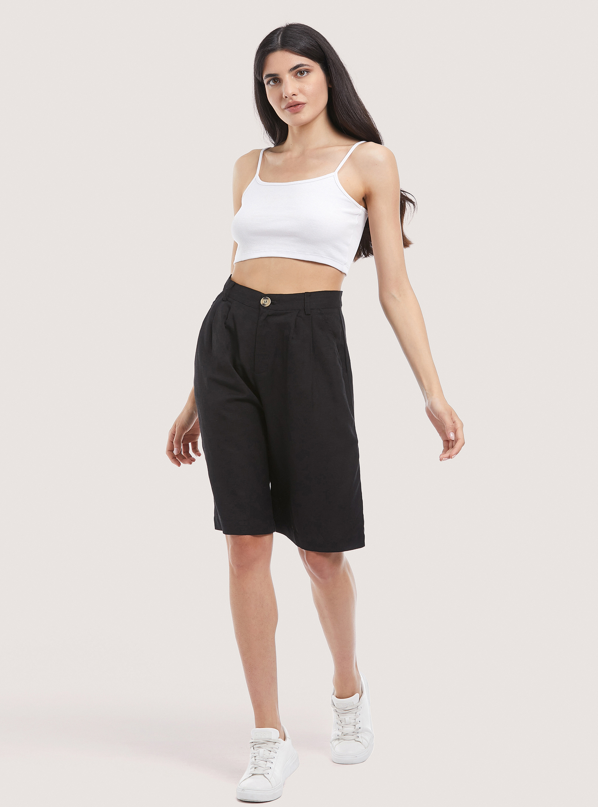 Bermudas midi en mezcla de lino, NEGRO