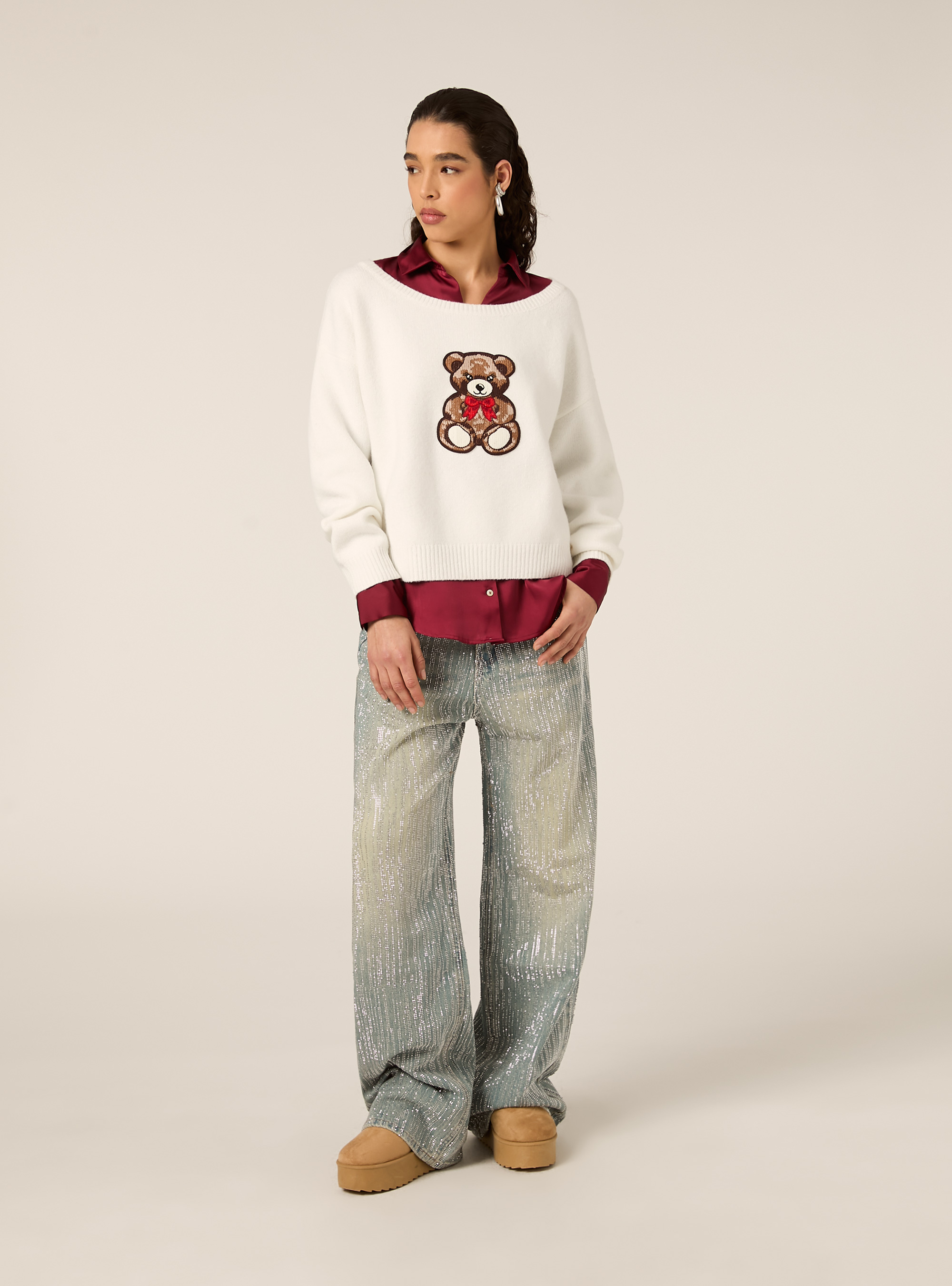 Maglia scollo asimmetrico con teddy, WH2 WHITE