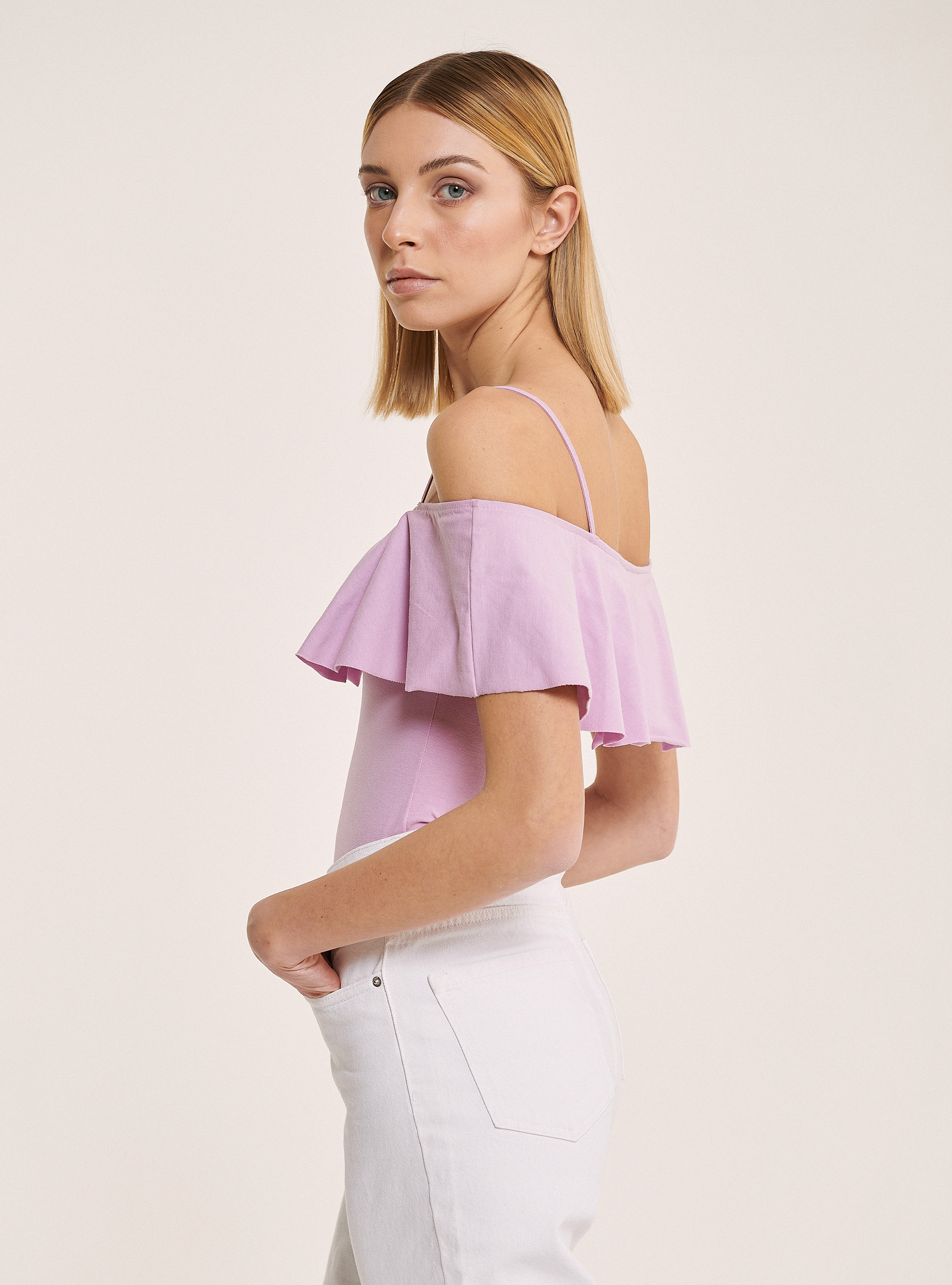 Cotton bodysuit with ruffles, C4546 LILLAC