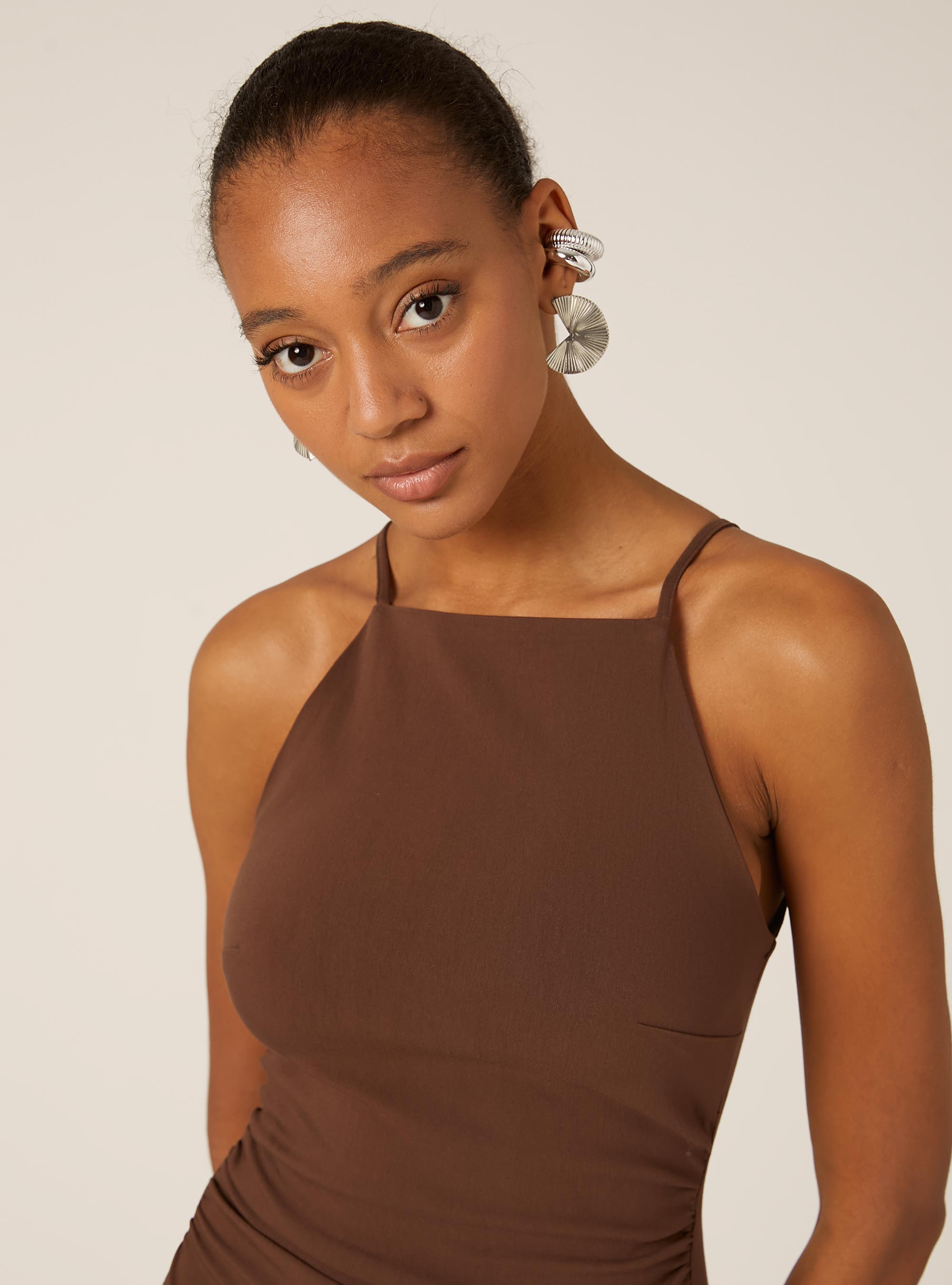 Vestito midi con collo halter, BR2 BROWN MEDIUM