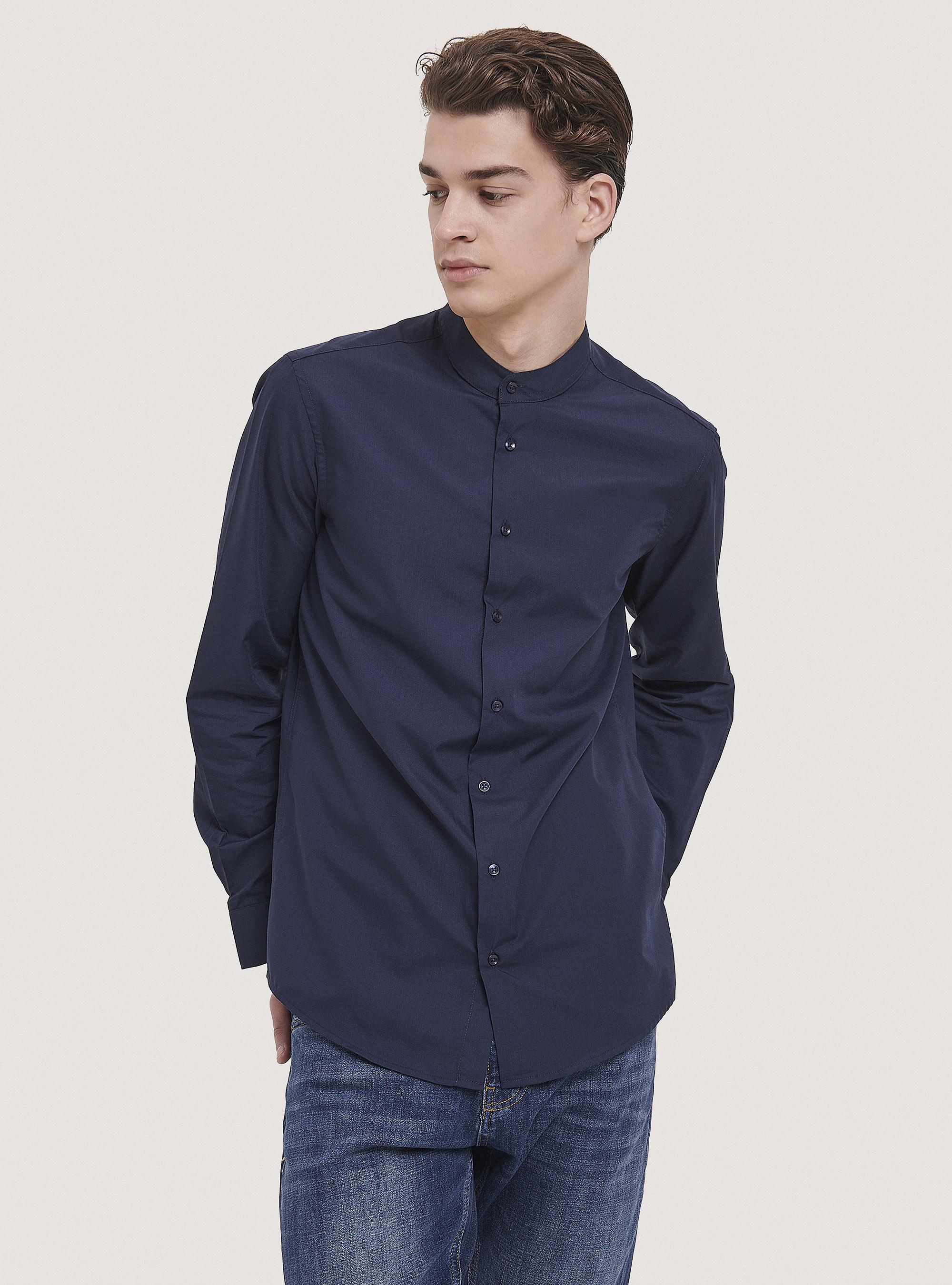 Plain-coloured shirt with Korean collar, BLUE