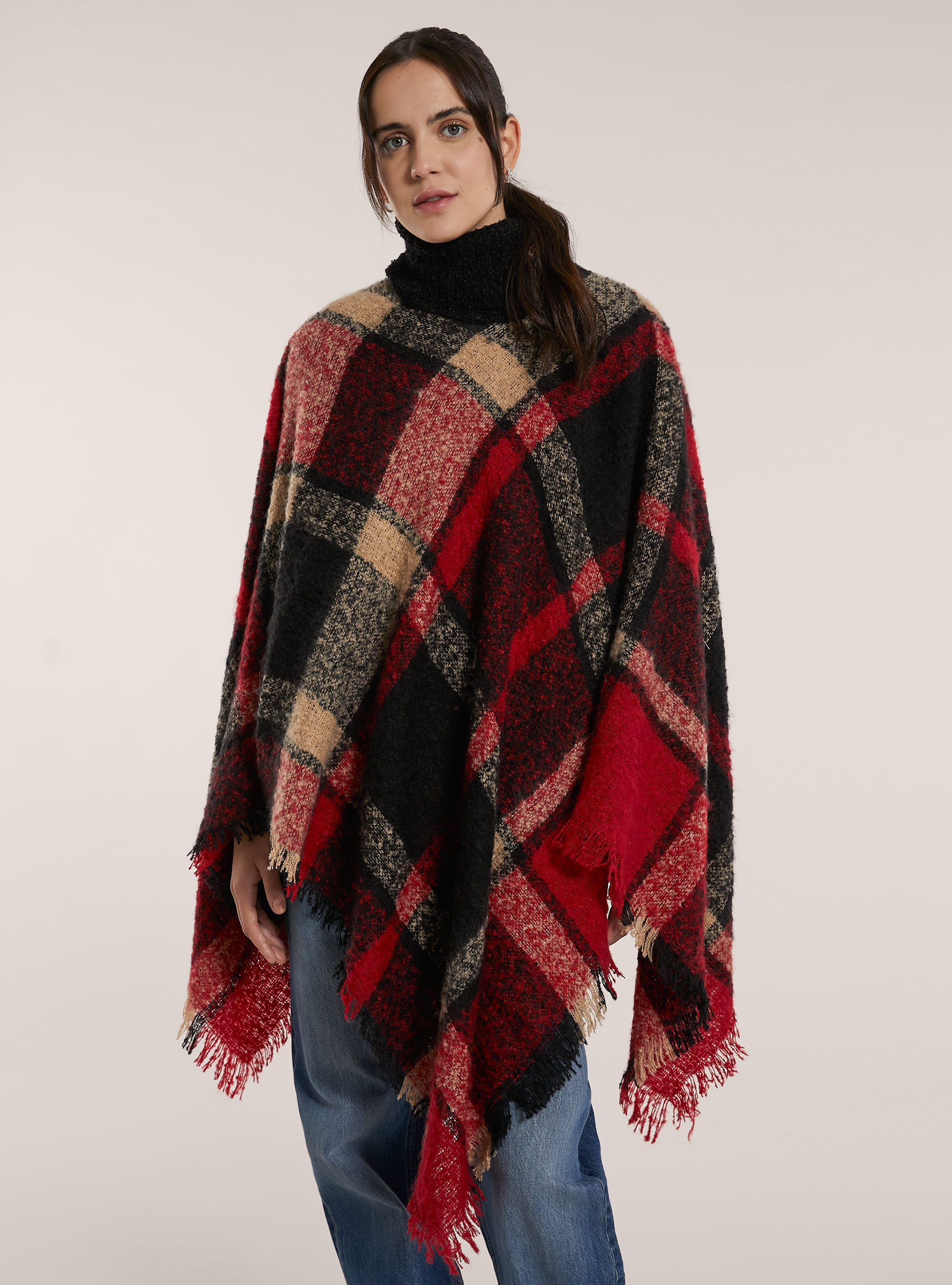 Poncho collo alto fantasia a quadri, CHECKS RED