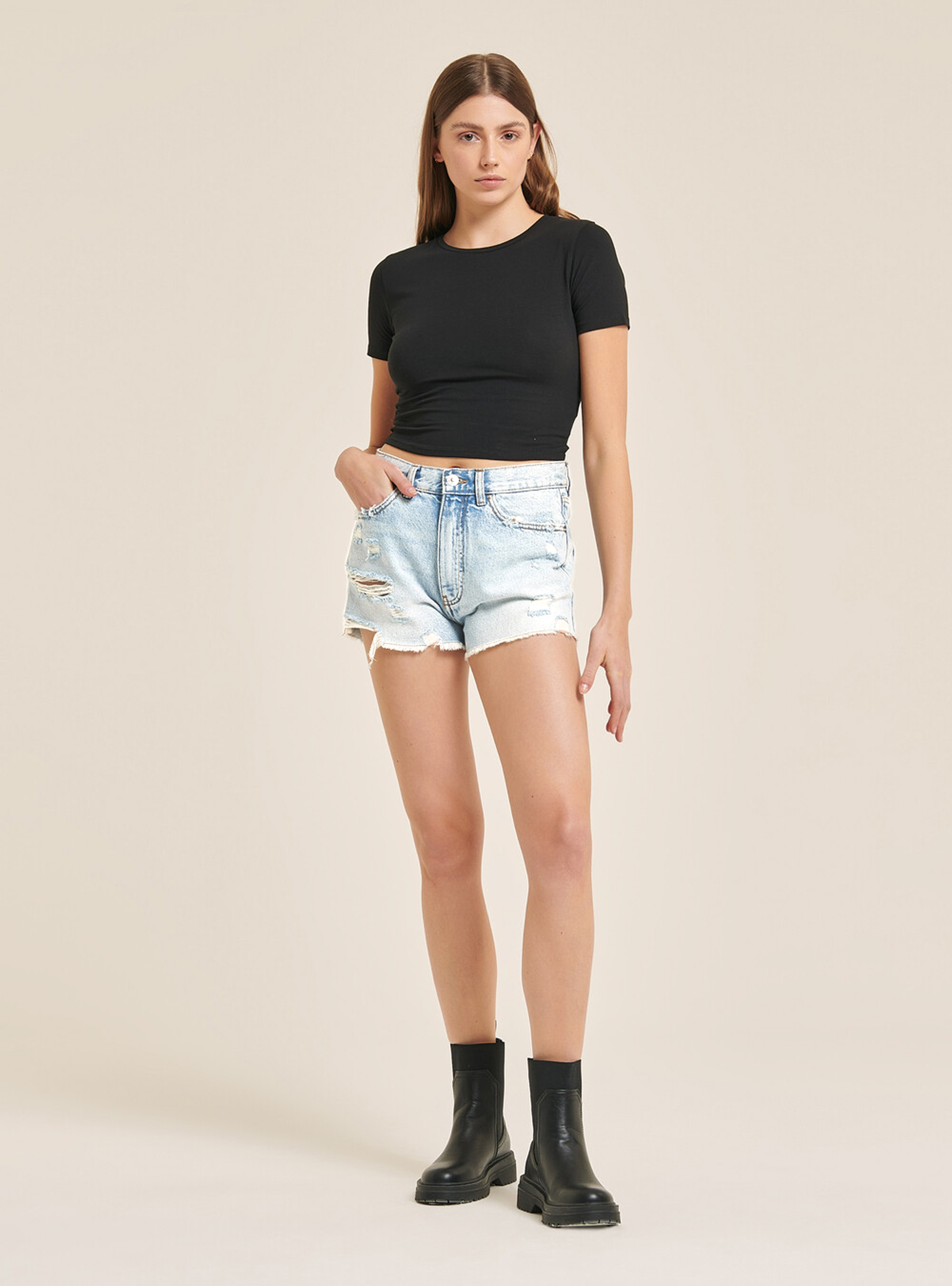 Denim shorts with rips, D008 SUPER LIGHT BLUE