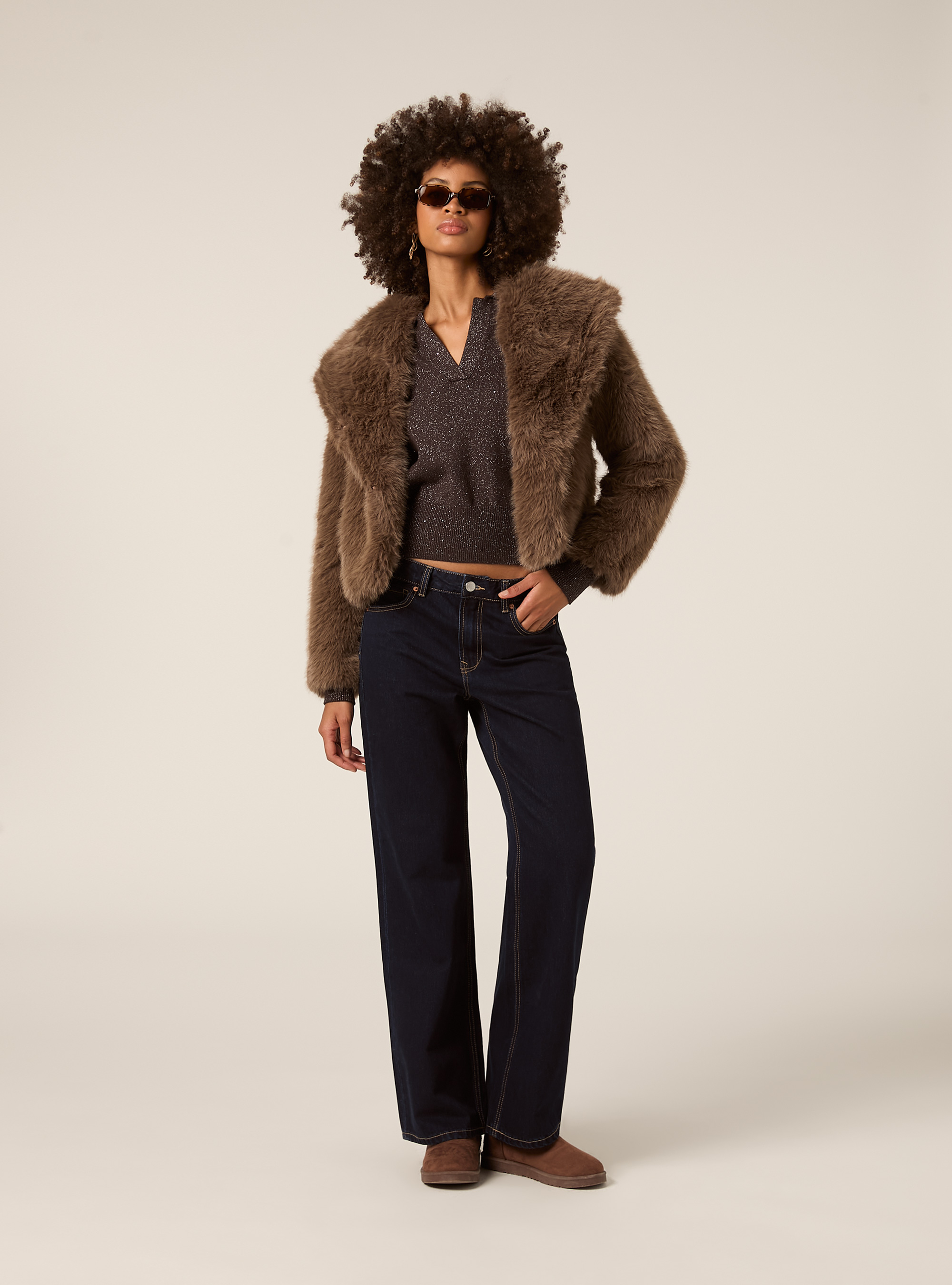 Pelliccia sintetica collo cappuccio, BR2 BROWN MEDIUM