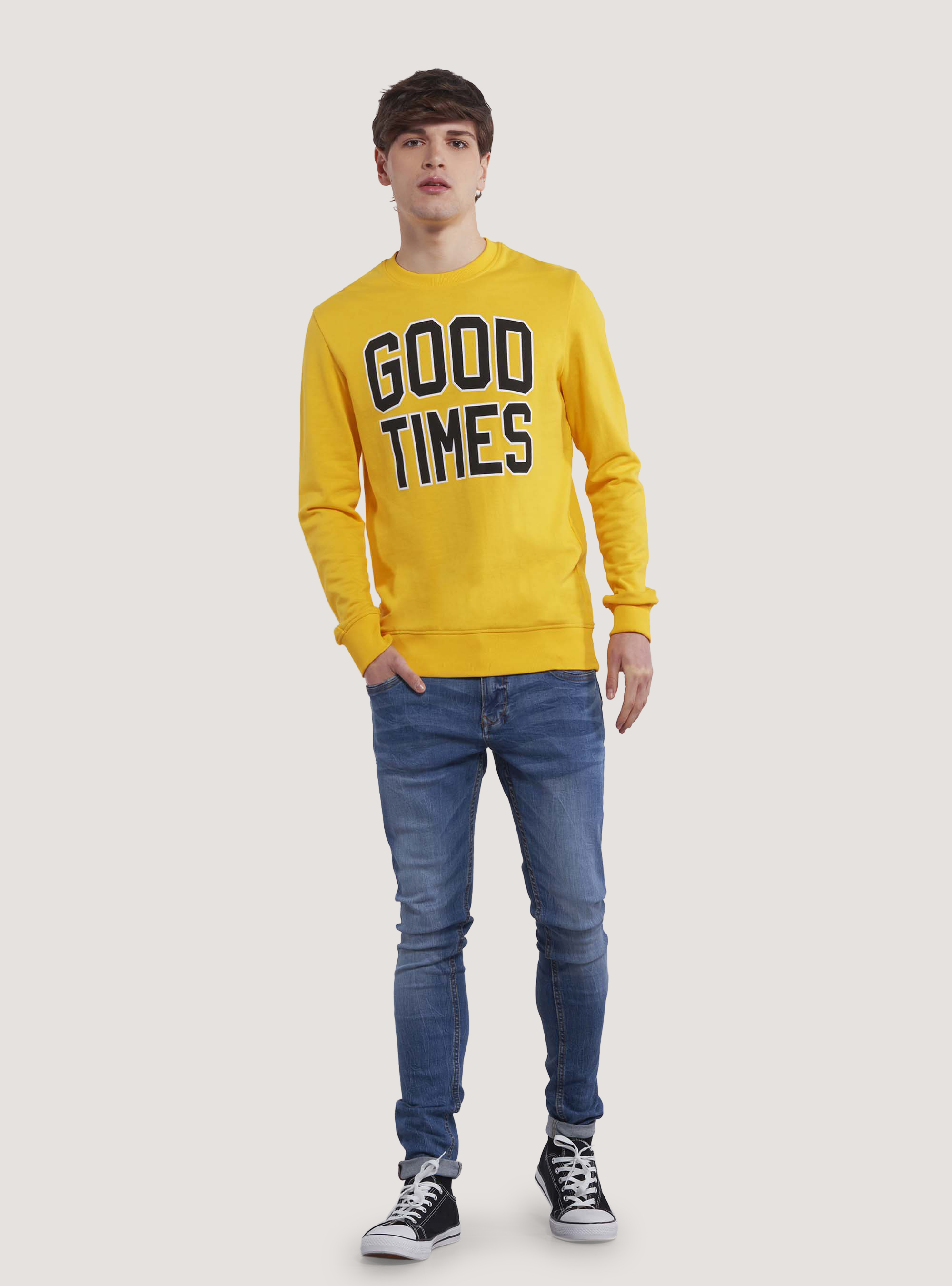 Sweat &agrave; col ras de cou en terry avec impression, C7750 YELLOW