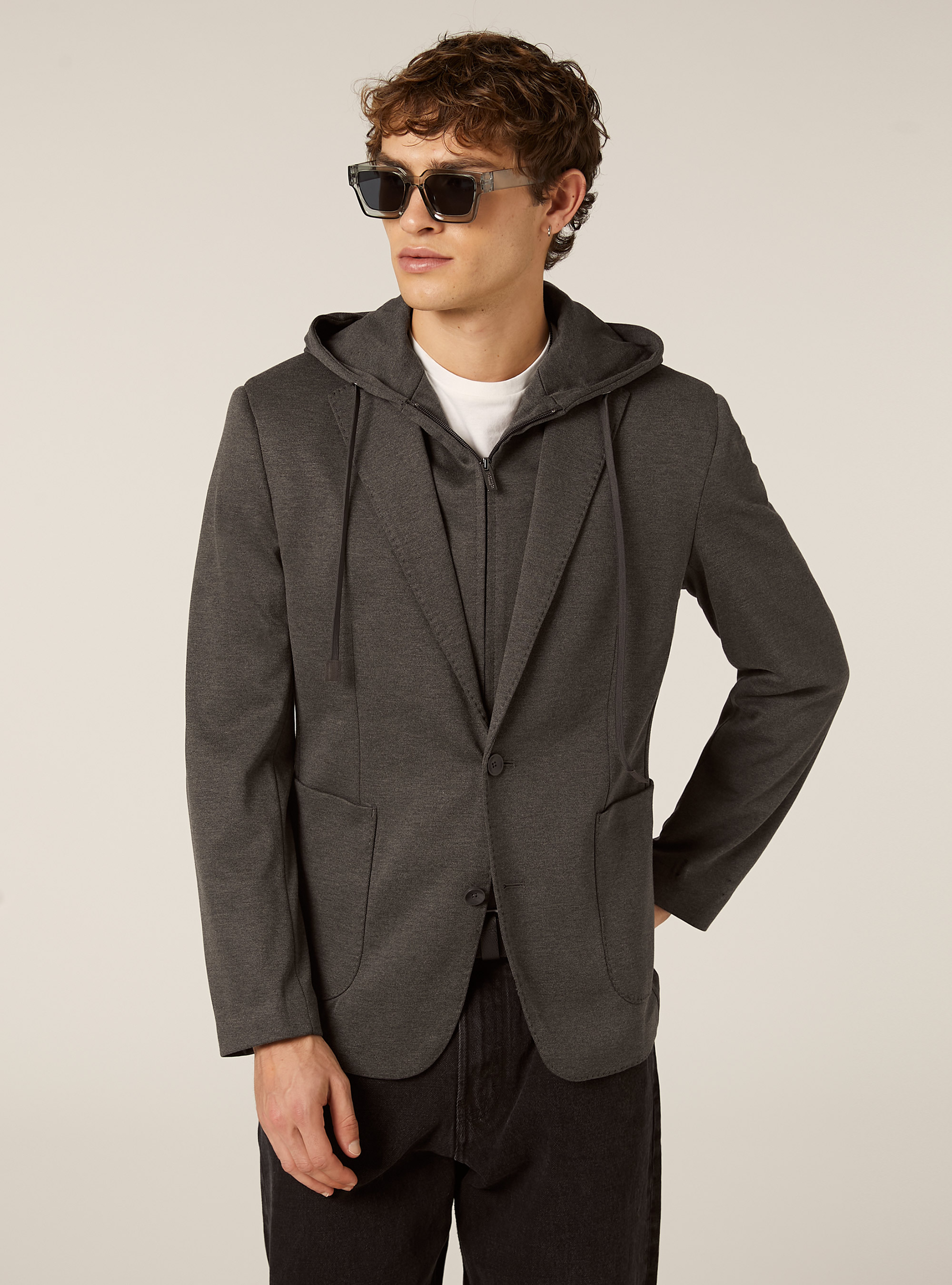 Giacca con cappuccio removibile, MGY1 GREY MEL DARK