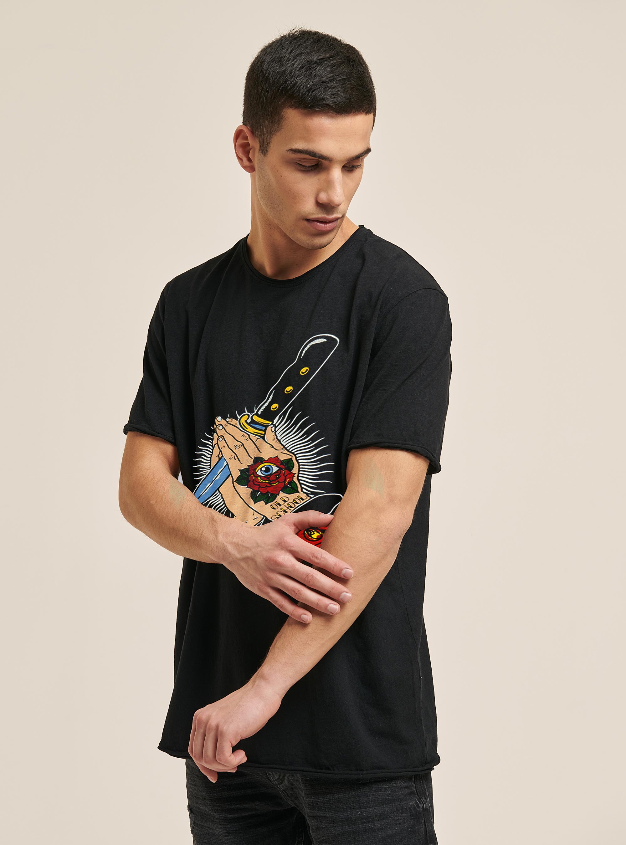T-shirt with tattoo print, BLACK
