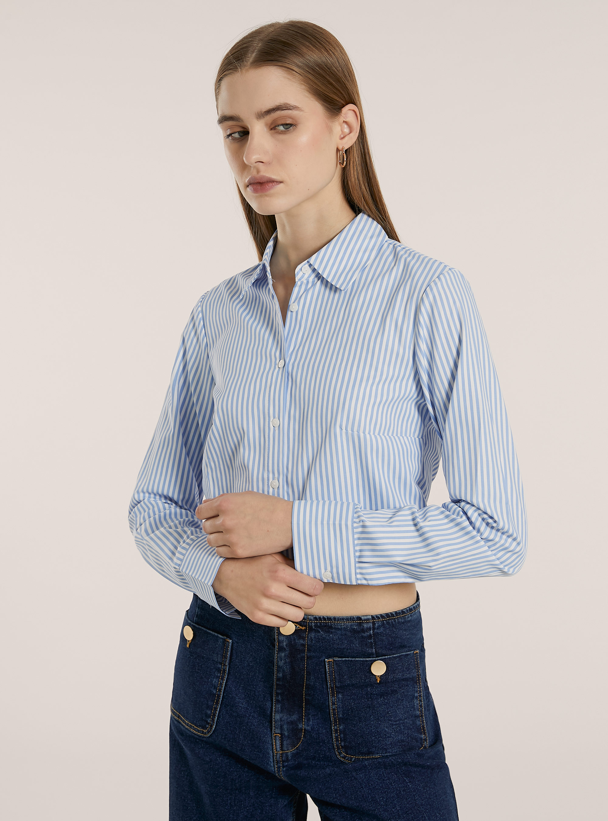 Striped poplin cropped shirt, MULTICOLOR