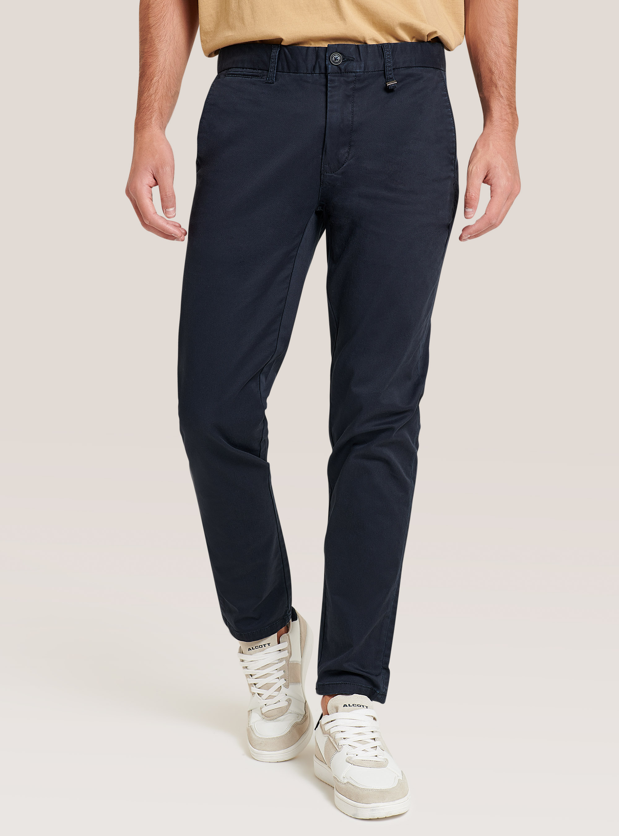 Pantalones chinos de algod&oacute;n el&aacute;stico de sarga, AZUL MARINO