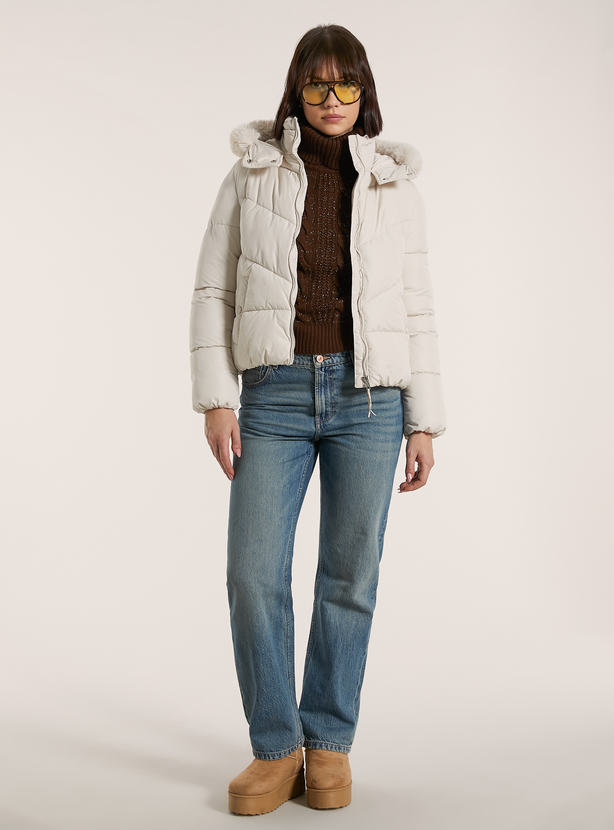Puffy jacket with faux fur hood, WH2 WHITE