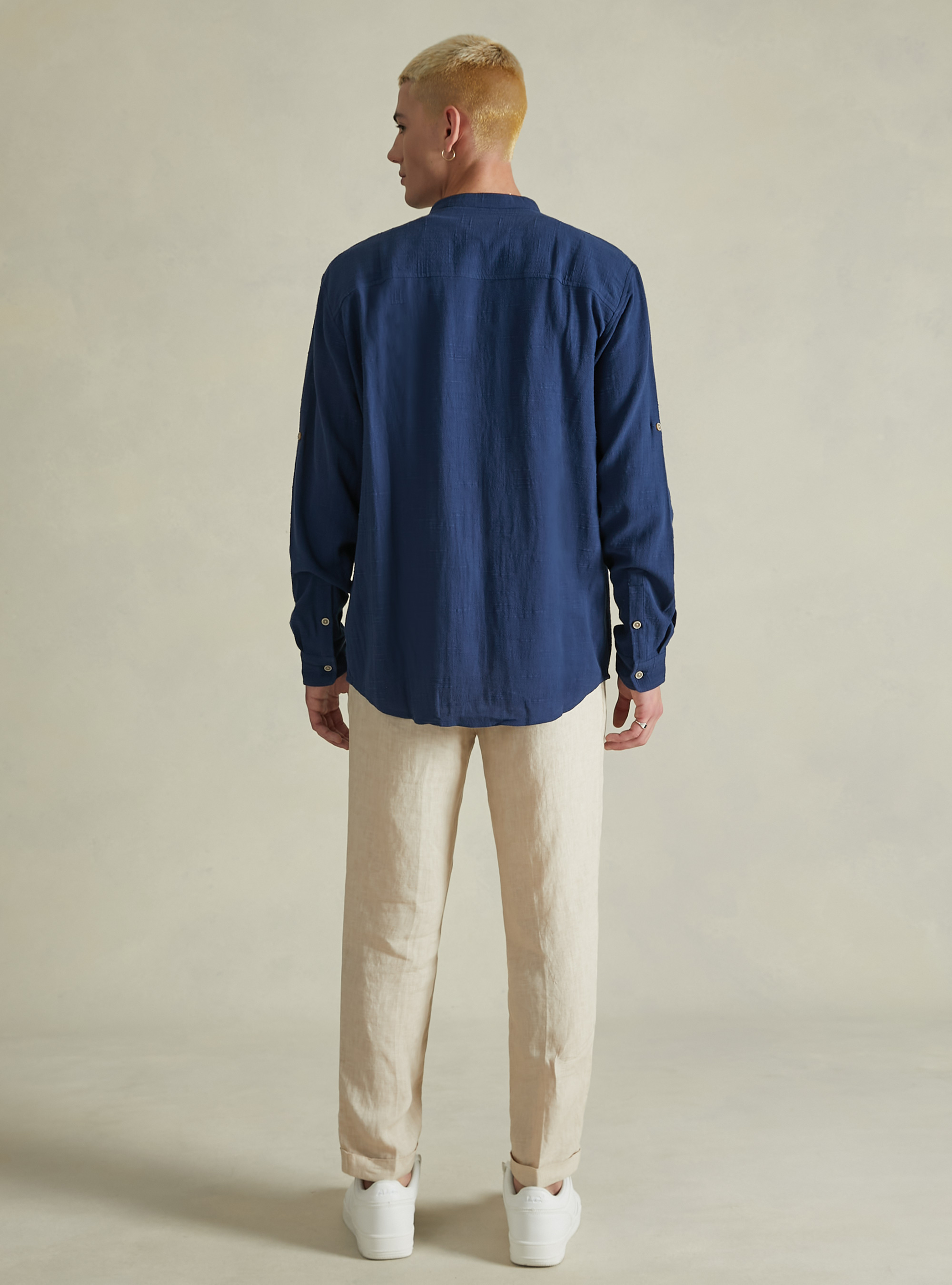 Linen blend shirt with mandarin collar, NA2 NAVY MEDIUM